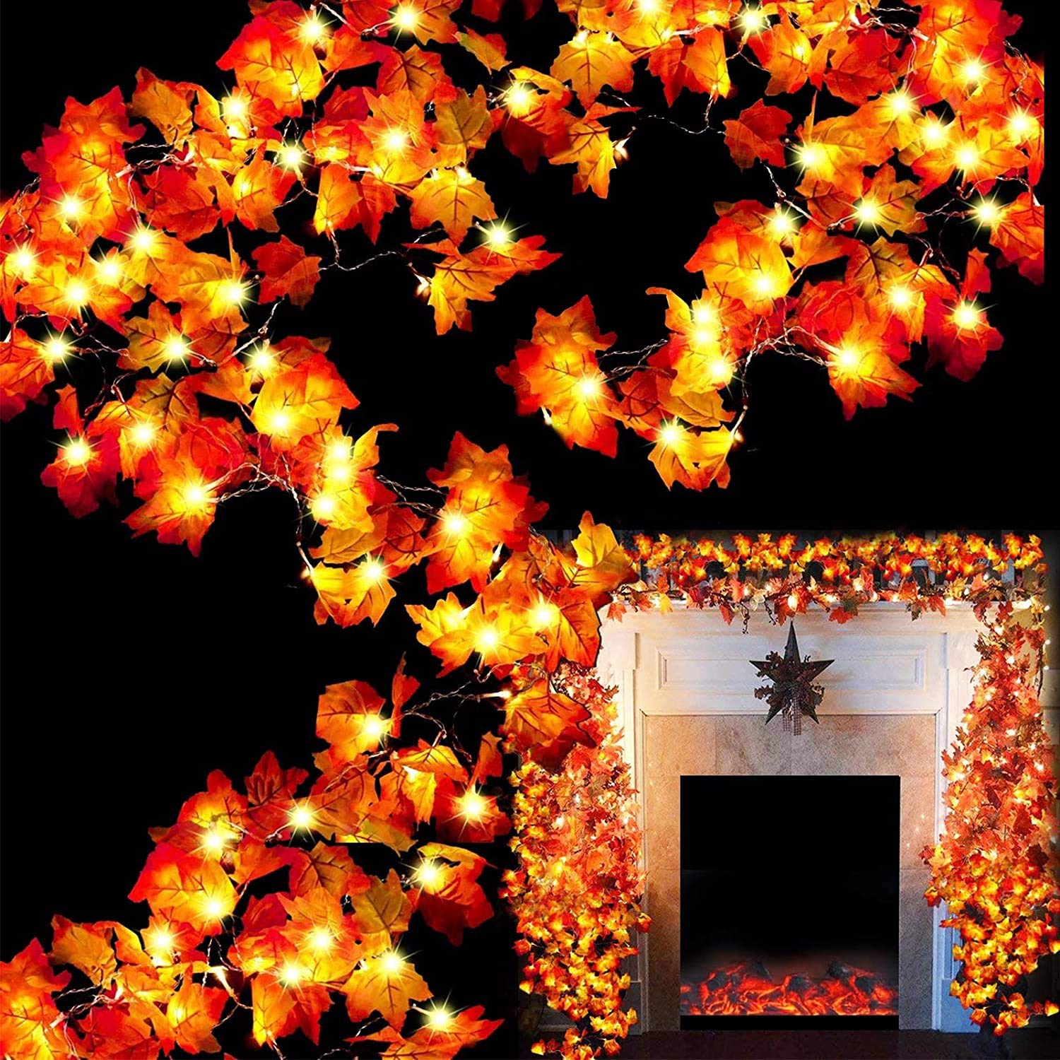 6 Pack Maple Leaves Garland String Light Thanksgiving Decorations, 10Ft/20 Led Waterproof Battery Operated Fall Garland Lights for Indoor Outdoor Thanksgiving Decor Autumn Garland