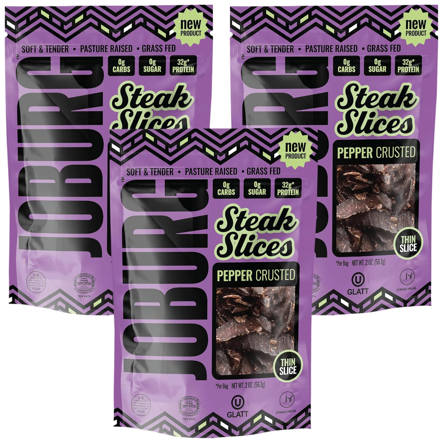 JOBURG SPICY PERI FLAVOR Steak Slices Biltong Meat Snack Kosher Halal (2OZ, SPICY PERI) (Pack of 3)