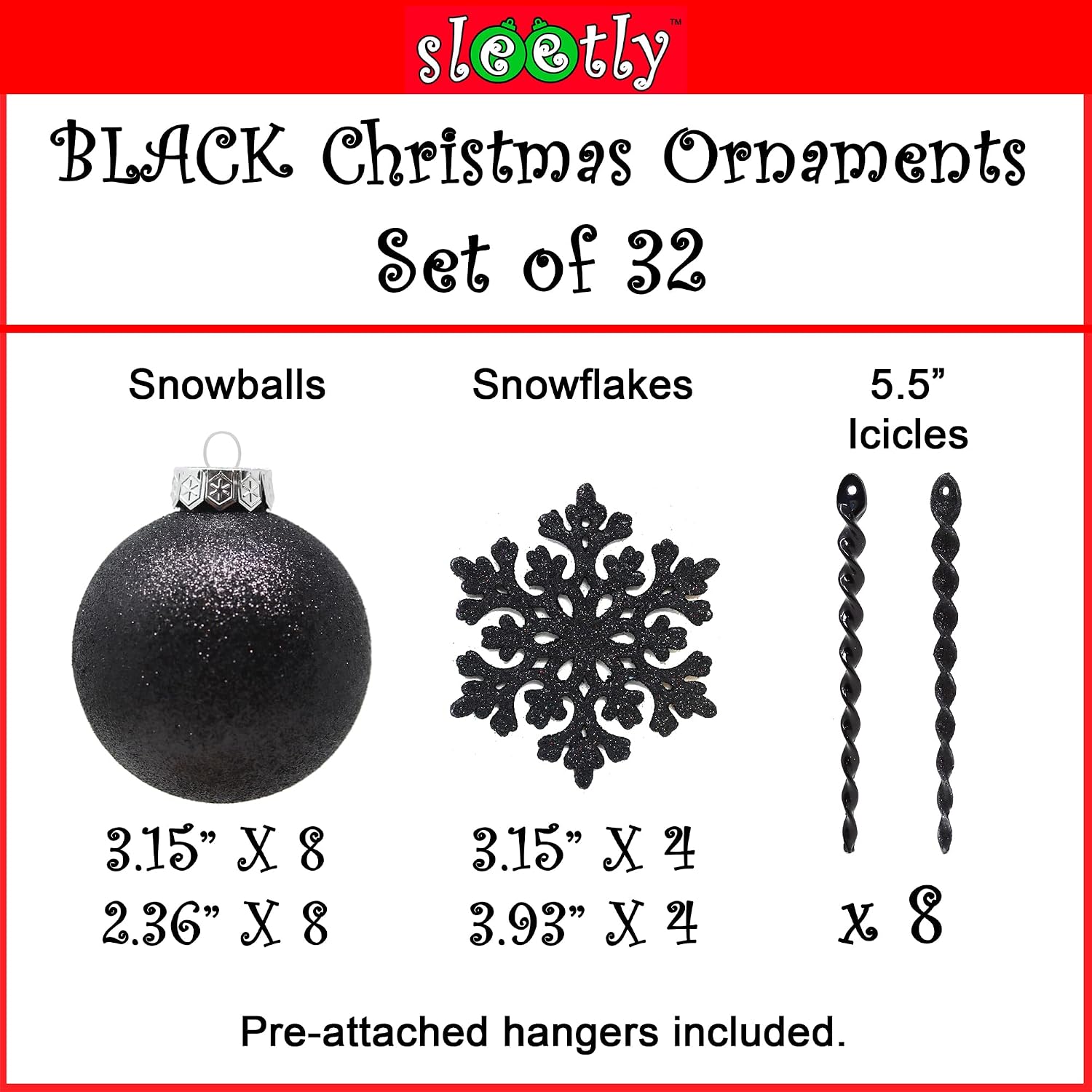 Black Christmas Ornaments Ball Set for Tree Decor, Glitter | Black Glitter Tree Ornaments, Shatterproof Xmas Decorations, Bulbs, Icicles & Snowflakes, 2.36/3.15in, 32-Piece Set