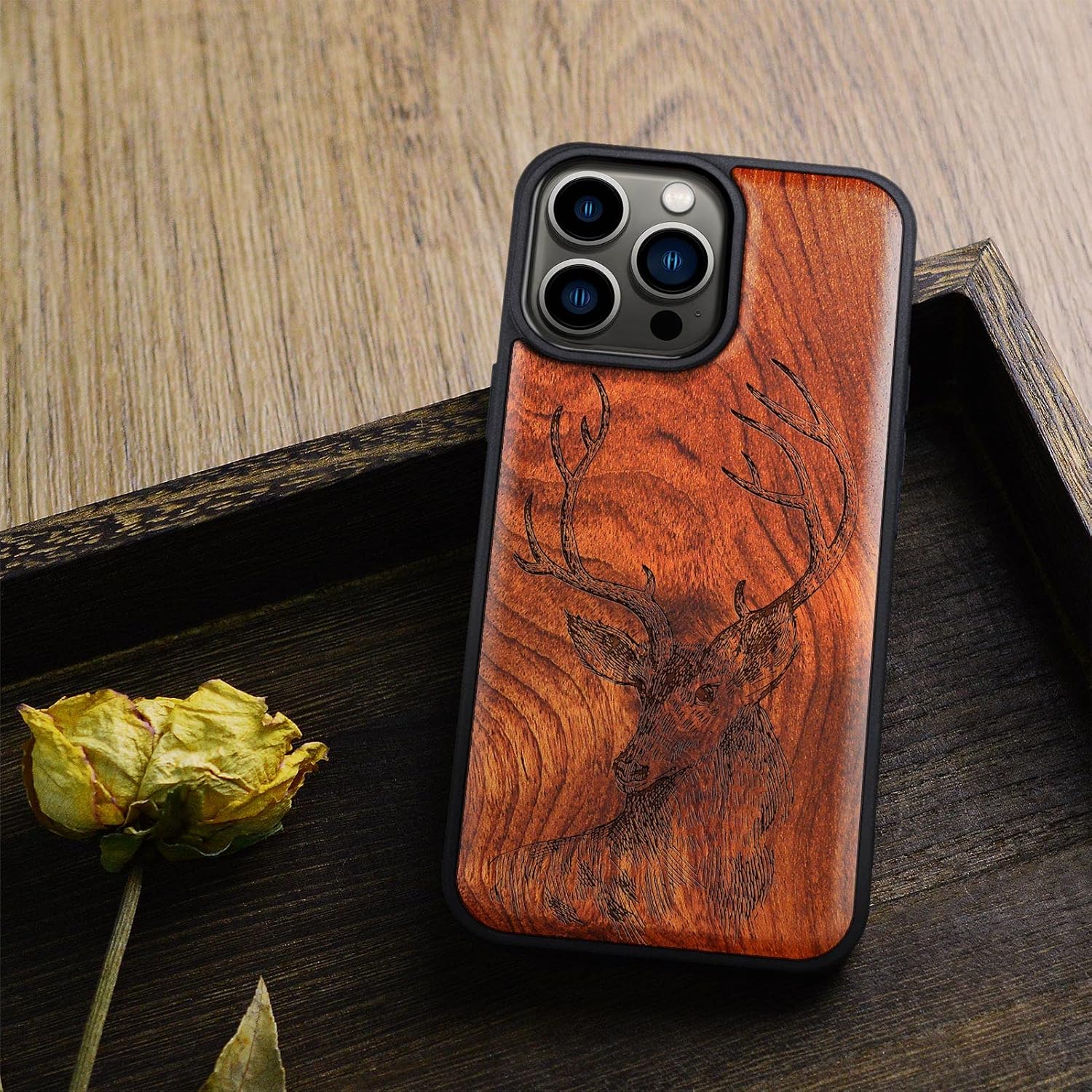 Carveit Magnetic Wood Case for iPhone 14 Pro Max [Natural Wood & Black Soft TPU] Unique & Classy Wooden Shockproof Protective Cover Compatible with magsafe (Deer Head -Rosy)