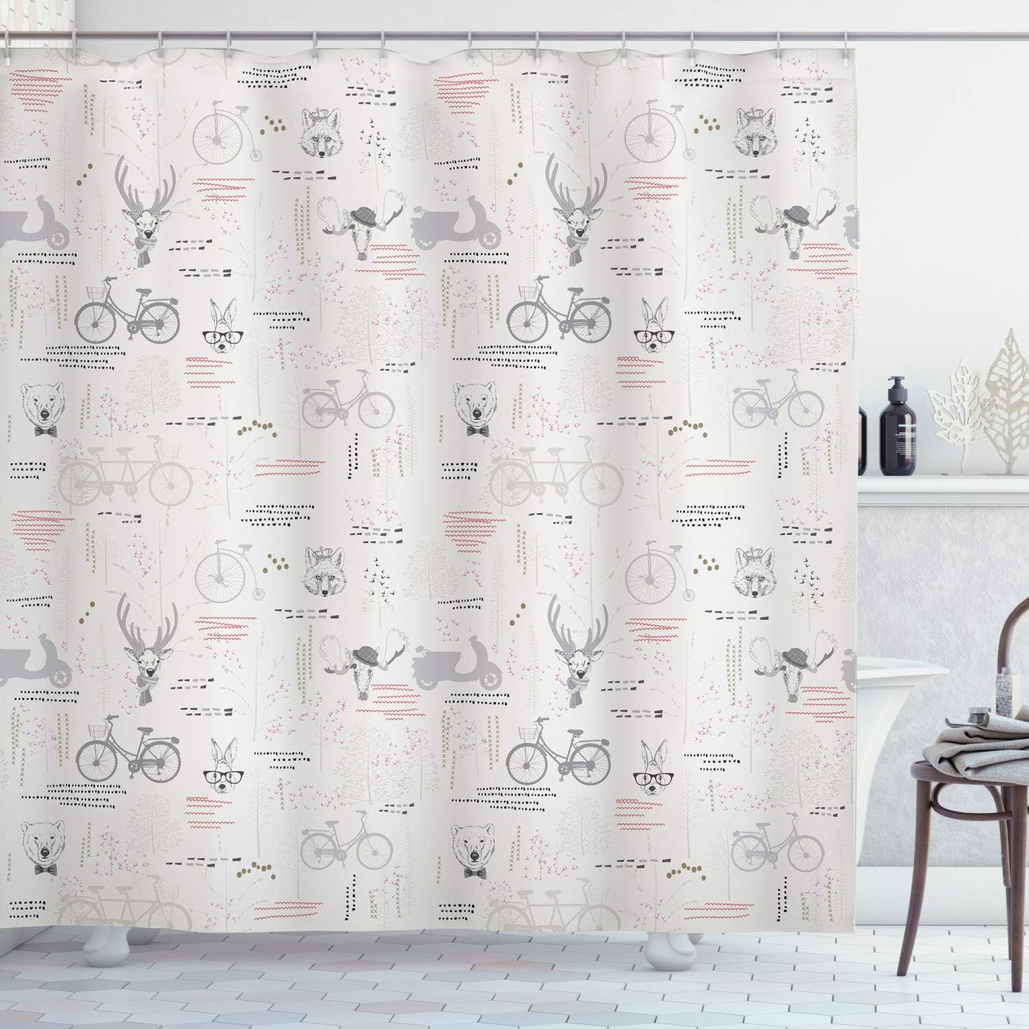 Ambesonne Indie Shower Curtain, Minimalist Pattern with Trees Foliage Deer Rabbit Fox Bear, Cloth Fabric Bathroom Decor Set with Hooks, 69" W x 84" L, Vermilion Pale