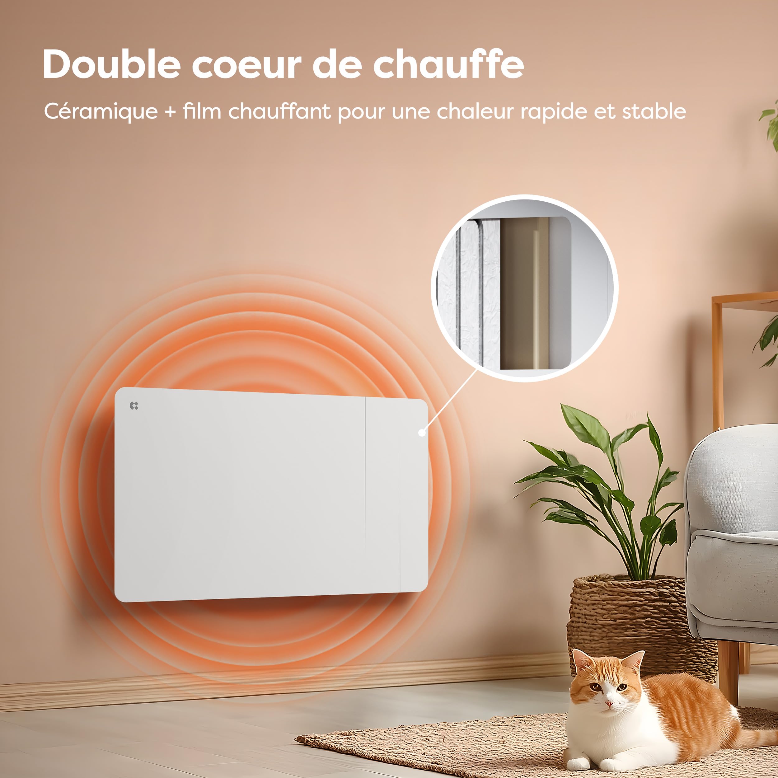 CIARRA Radiateur Céramique et Film Chauffant 1500W - WiFi Chauffage Mural Intelligent PID pour Salon/Salle de Bain (10-20㎡) - Chaleur Homogène - Anti-Gel - CBHTD15A-W