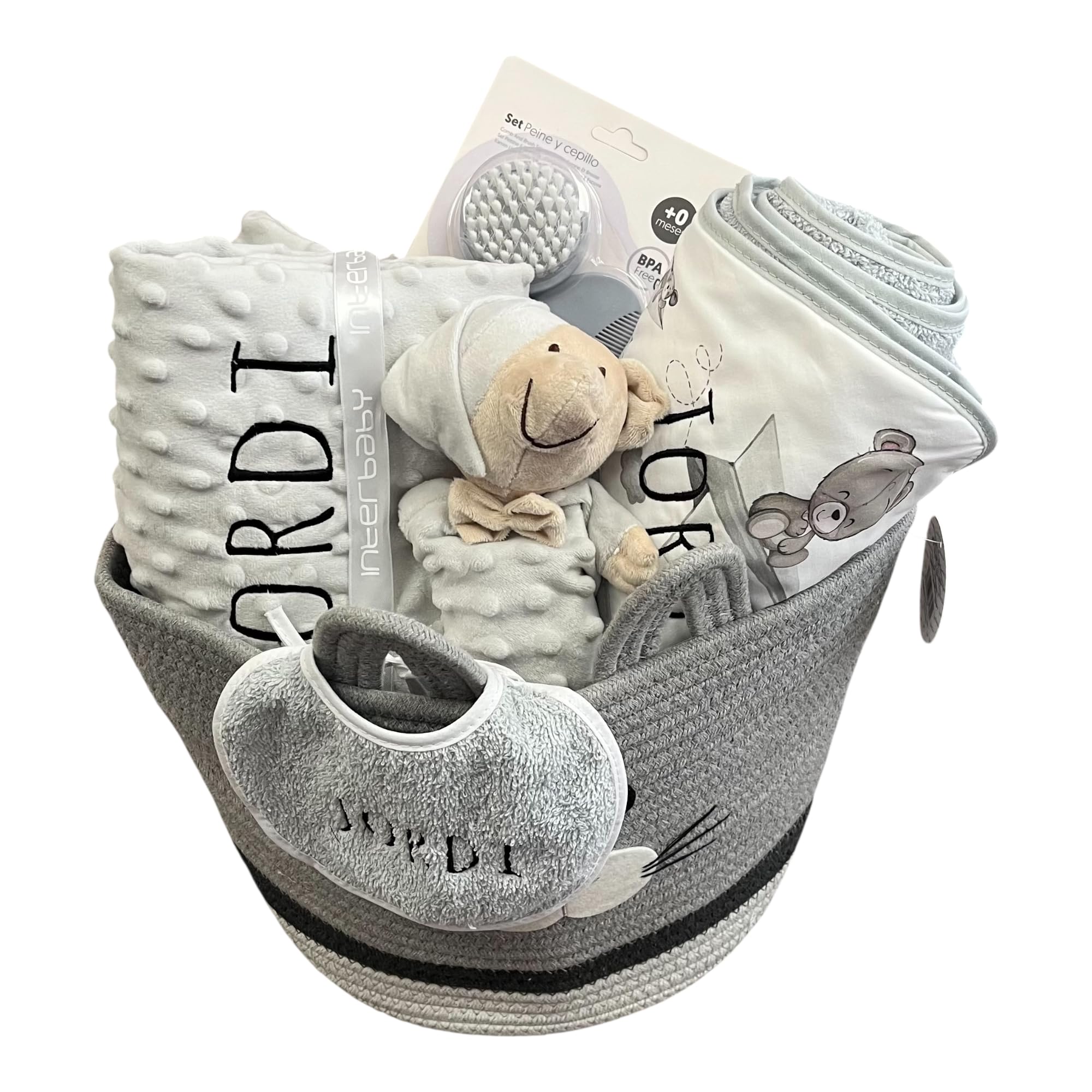 Danielstore Canastilla Bebé Personalizada Cesta Regalo Incluye Manta + Dou Dou + Toalla Baño Bebé + Babero Personalizado Regalo para Recién Nacidos (Gris Cesta Multiusos Peine)