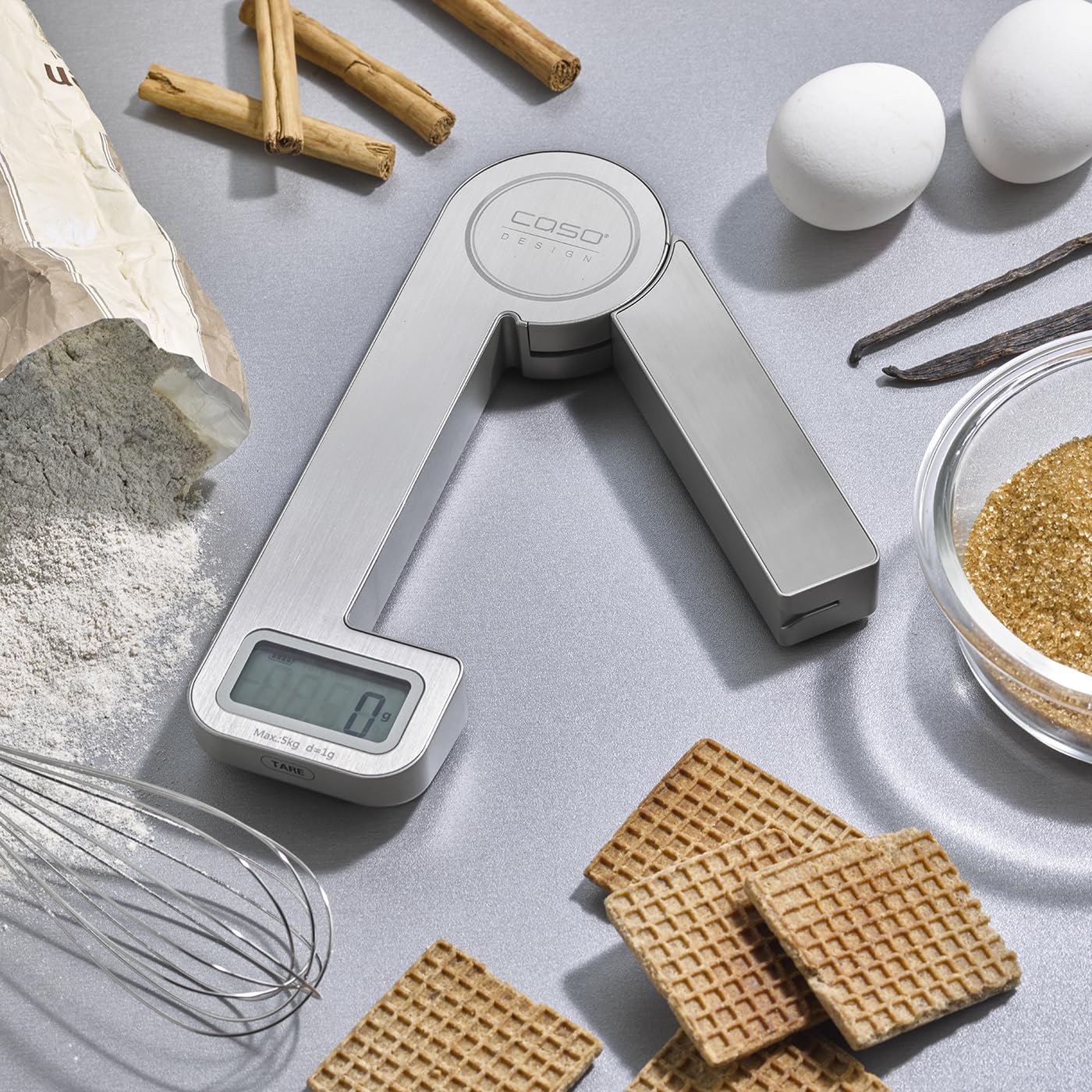 Caso Kitchen Ecostyle – designerska waga kuchenna, cyfrowa waga kuchenna z energią kinetyczną, nie wymaga baterii, do 5 kg w odstępach co 1 g, wyjątkowo płaska, stal nierdzewna 3266