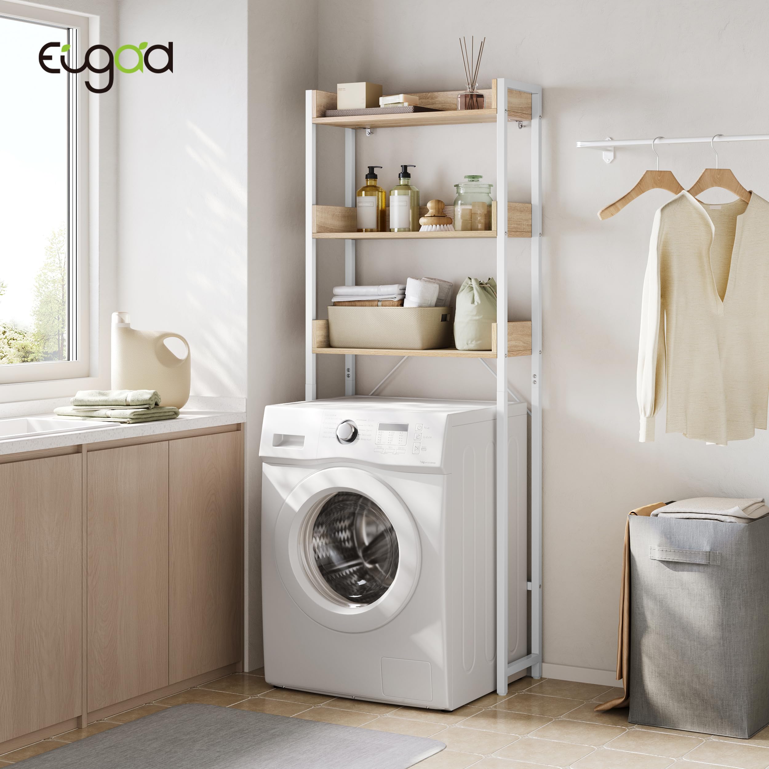 EUGAD Meuble WC, Étagère Machine à Laver, à 3 Niveaux, au-Dessus des Toilettes, Gain d'Espace, pour Salle de Bain, Buanderie, en Bois d'Ingénierie et Métal, Chêne Clair + Blanc, 63x25x166,5cm
