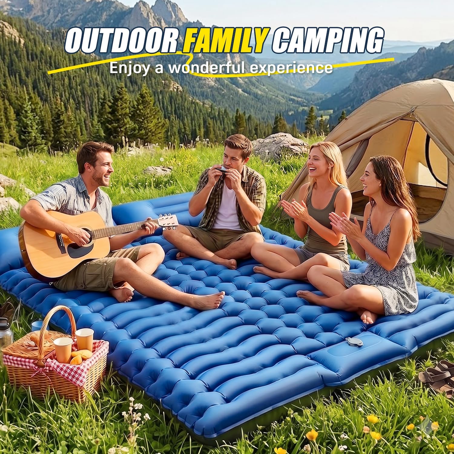 Myxslop Double Sleeping Pad for Camping, 4" Extra-Thick Inflatable Air Mattress with Built-in Pillow & Foot Pump, Portable Sleeping Mat for Backpacking, Tent Camping, Hiking and Beach