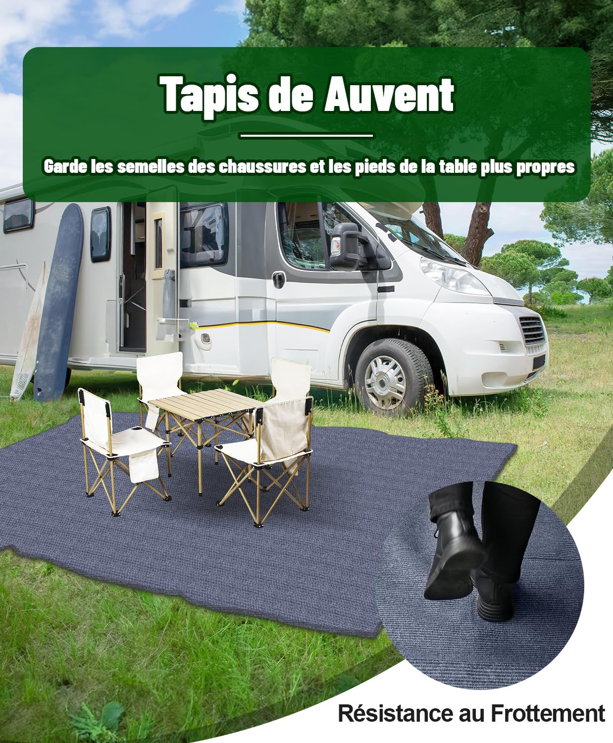 Tapis d'auvent pour Camping Extérieur, Respirant, Antidérapant, Lavable, Différentes Tailles, Contient 4 Piquets