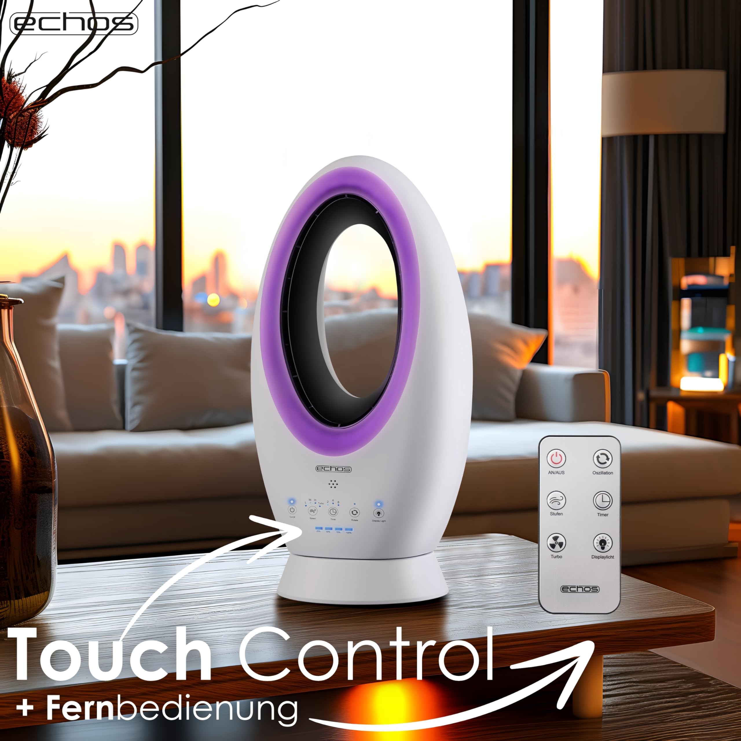 Echos®- 2-in-1 Design Akku Turmventilator Standventilator mit Fernbedienung kabellos - Akku- oder Strombetrieb - Leiser Ventilator Tischventilator oszillierend - Fernbedienung LED Beleuchtung