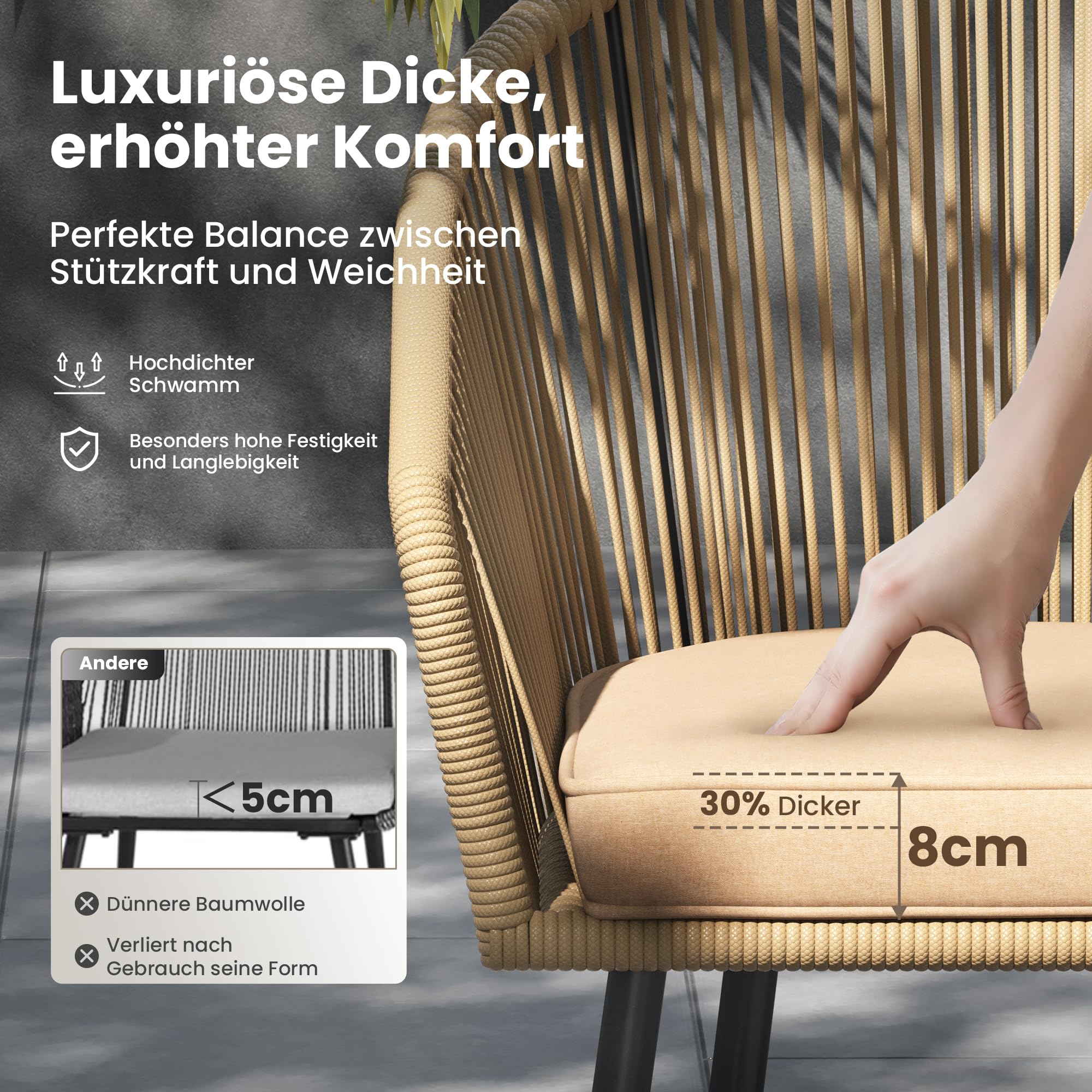 PHI VILLA Gartenstühle 4er Set, Rattansessel Gartensessel Balkonstuhl Outdoor Sessel Loungesessel, Wetterfest Terrassenstühle mit Kissen & E-Beschichtung Metall für Hinterhof Balkon Terrasse, Beige