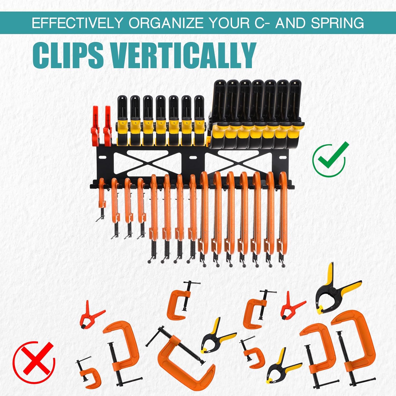 Shimeyao Clamps Rack Organizer Wall Mount Spring C Clamps Holder Tool Storage 16.7 x 4.5 x 3 Inches for Small Tools Garage Shed Pegboard Workshop Home