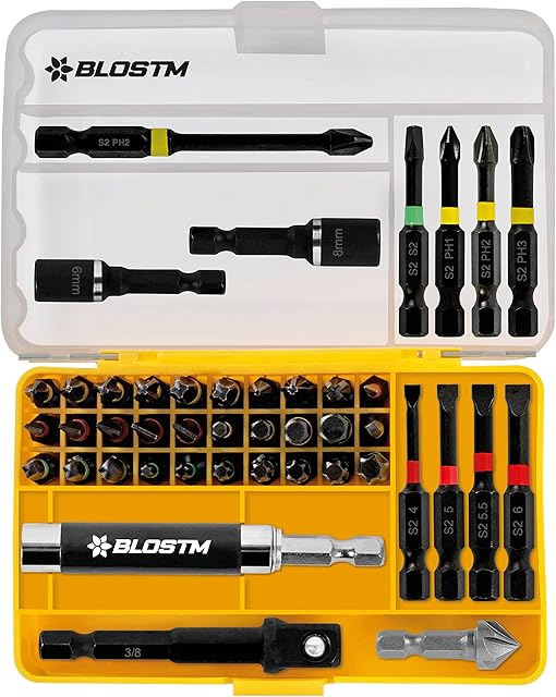 BLOSTM Impact Driver Bit Set - 44pcs Shock-Resistant Steel Impact Screwdriver Bit Set with Retracting Impact Driver Bit Holder, 1/4 Hex Shank Bits & Nut Drivers - Includes Compact Storage Case