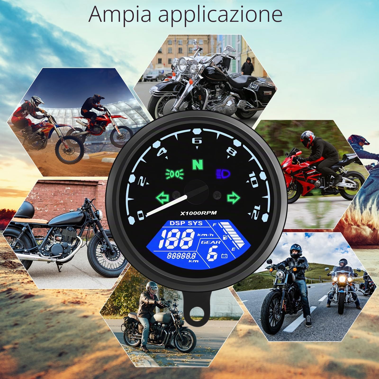 Geloo Moto Contachilometri universale per moto Tachimetro Digitale Contachilometri 12000 giri/min 199 KMH MPH LCD Contagiri con Universale per 1,2,4 Cilindri con Spia Multifunzione 12V…