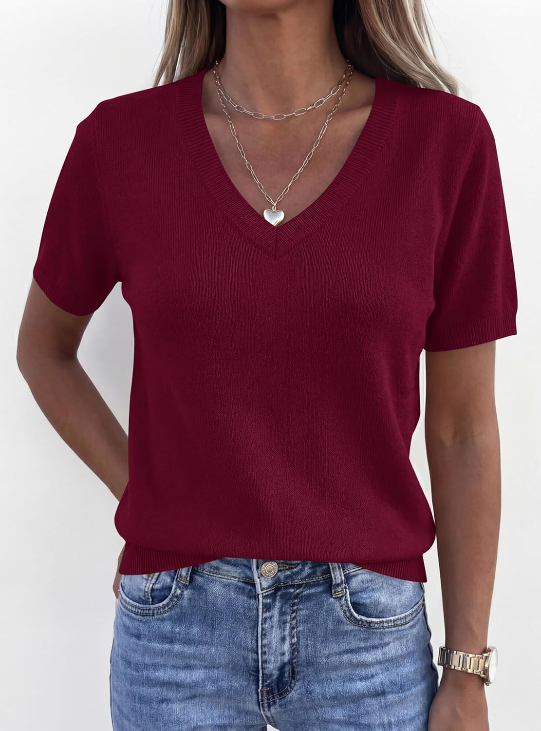 PRETTYGARDEN Womens Short Sleeve Sweater V Neck Trendy Pullover Tops 2026 Summer Spring Loose Lightweight Casual Blouse - Image 8