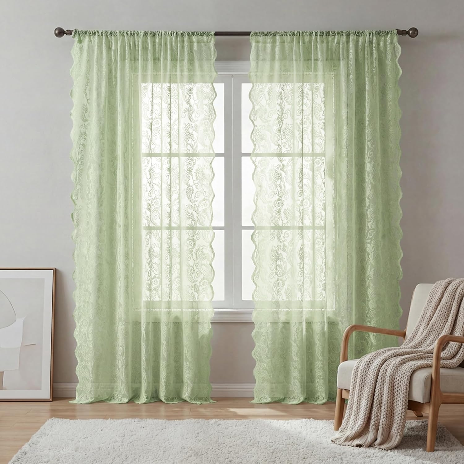 Horaldaily Sage Green Spring Summer Lace Curtains for Living Room Bedroom, Farmhouse Boho Floral Lace Curtains, Rod Pocket, Light Filtering, Vintage Sheer Drapes, 55" W x 84" L, 2 Panels