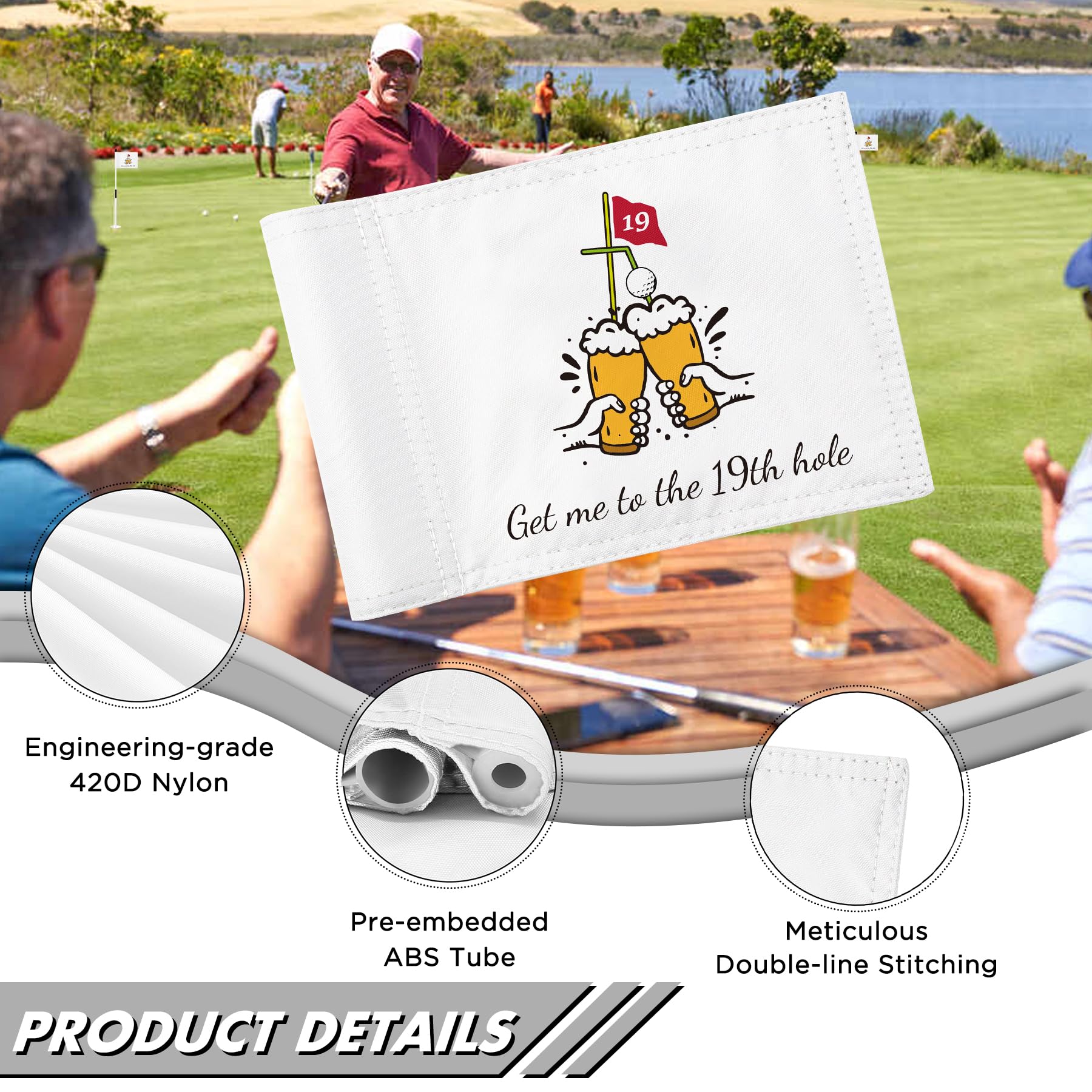 KINGTOP 19th Hole Golf Flag for Backyard Practice Putting Green, PGA Junior Standards, Double Sides 420D Nylon with Tube Insert, 6x8 Inch, 19th Hole Cheers Flag