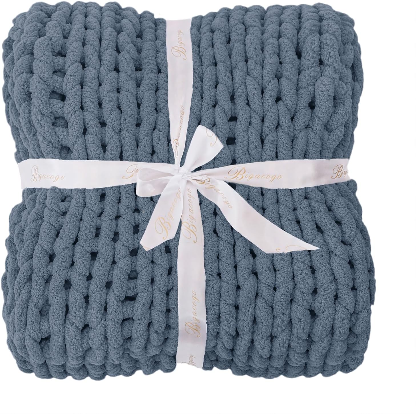 Bigacogo Chunky Knit Throw Blanket for Couch, 51x63 inches, 100% Hand Knitted with Thick Jumbo Chenille Yarn, Cozy Soft Large Rope Knot Cable Crochet Blankets for Sofa Bed Living Room, Cold Sea Blue - Image 8
