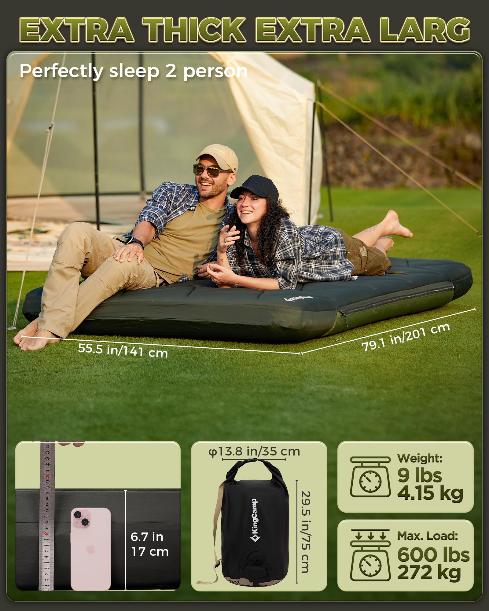 KingCamp Double Sleeping Pad, Inflatable Camping Mattress 2 Person with Removable Foam Cover & Pump Sack, Queen Sleeping Mat Camping Essentials for Outdoor Tent Car (Green)