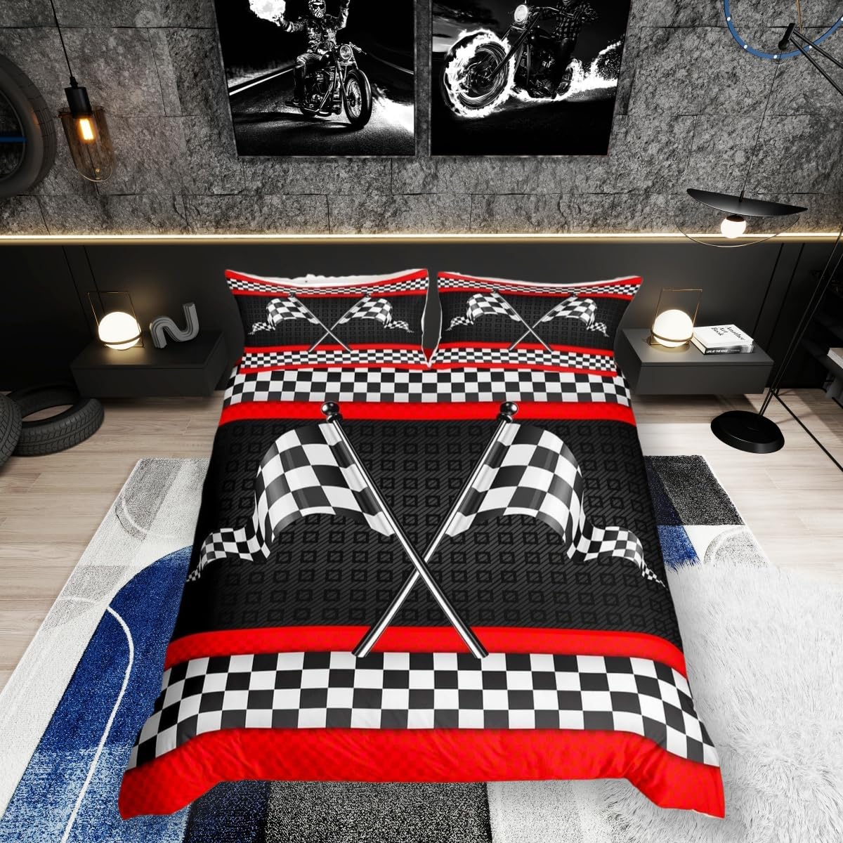 feelingyou Race Car Themed Bedding Set Super King Size,Black White Checkered Flag Print Bedding Set for Kids Boys Men,Red Stripes Geometric Grid Plaid Quilted Cover Set with 2 Pillowcases
