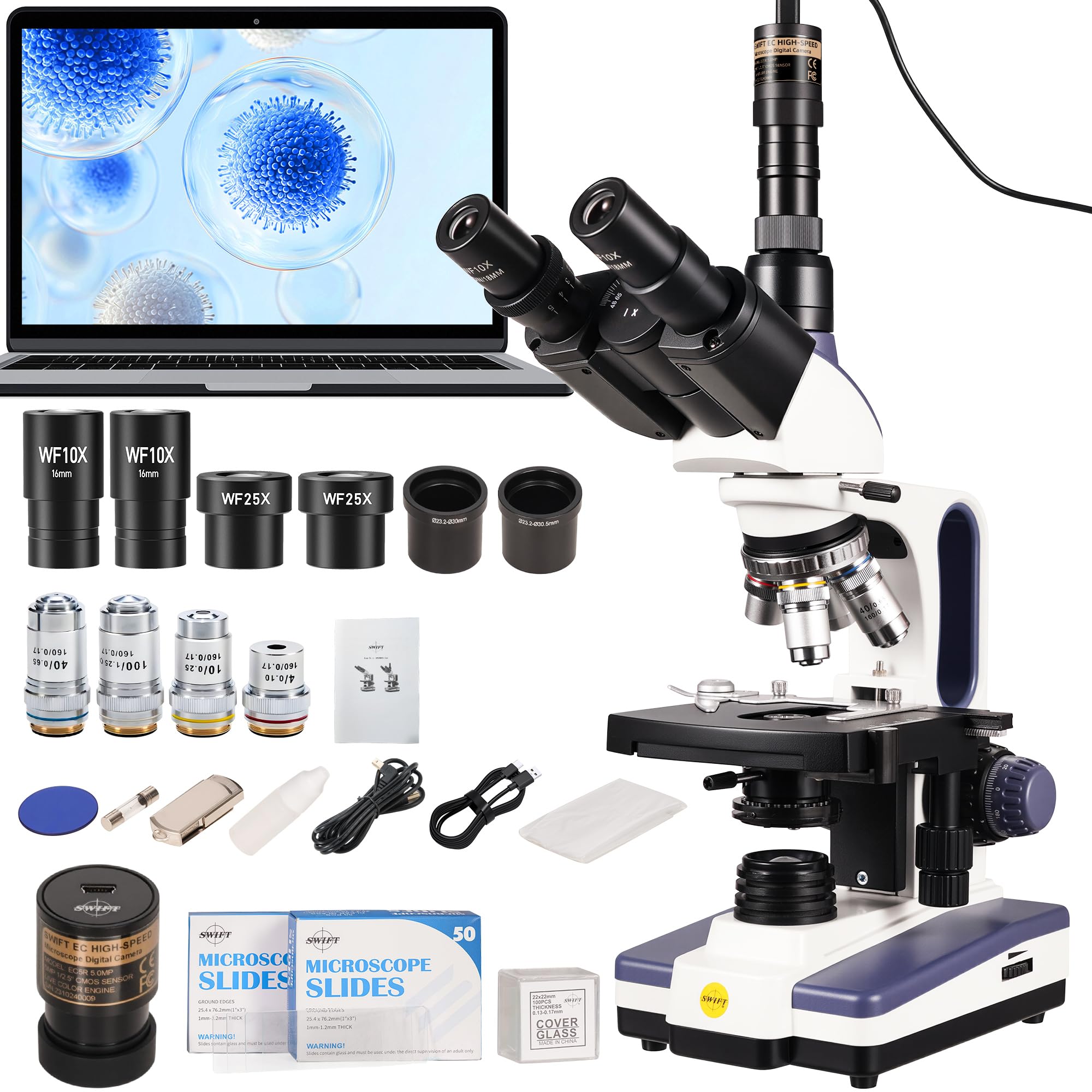 SWIFT SW350T Microscopio compuesto trinocular, 40×-2500×, EC5R 5MP USB ocular, 1 W LED, Abbe NA 1.25, escenario mecánico, 100 diapositivas y 100 cubreobjetos, enchufe británico