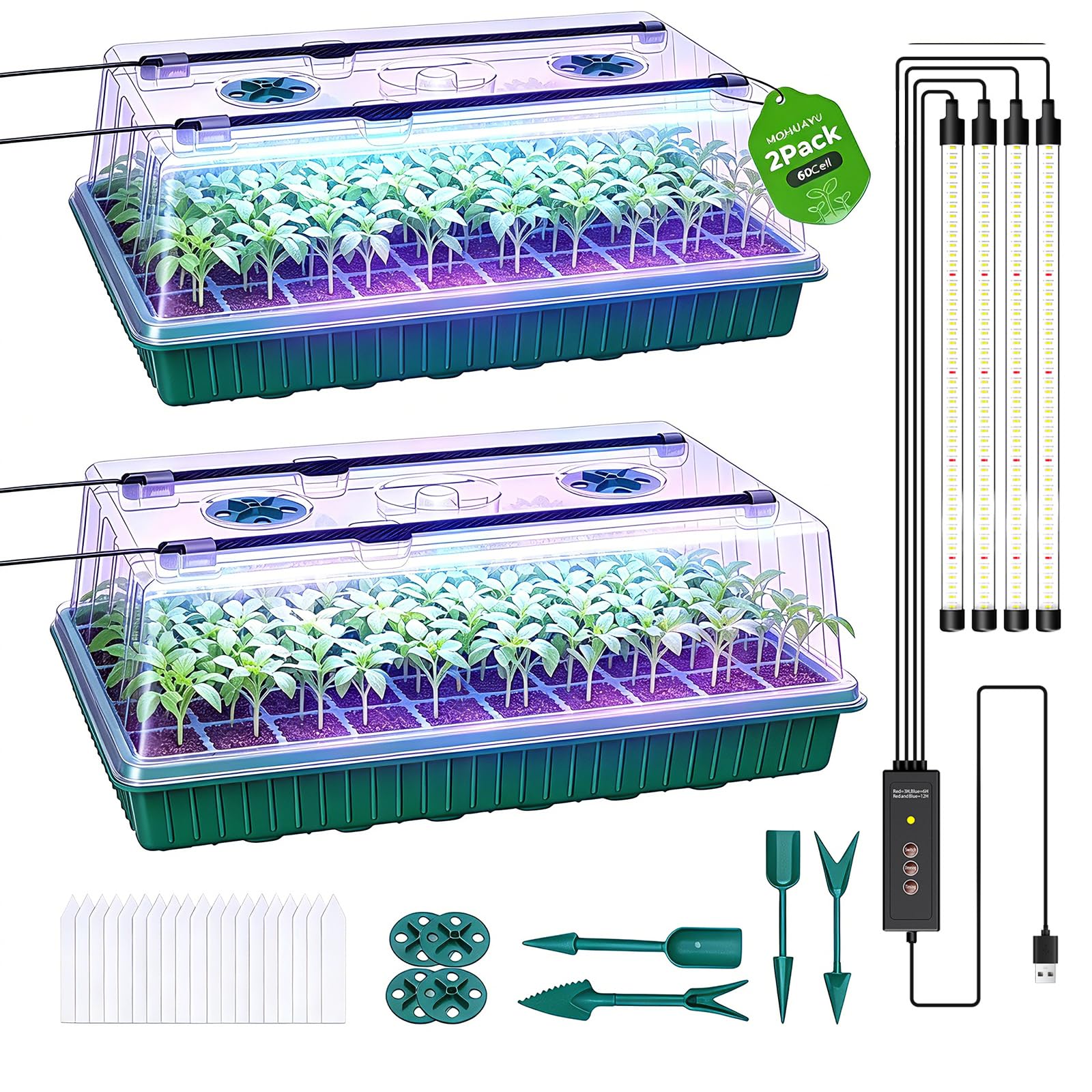 Vassoio per sementi con luce crescente, confezione da 2 pezzi, kit per piantine con cupola umida, kit di germinazione dei semi per piantare semi (120 celle)