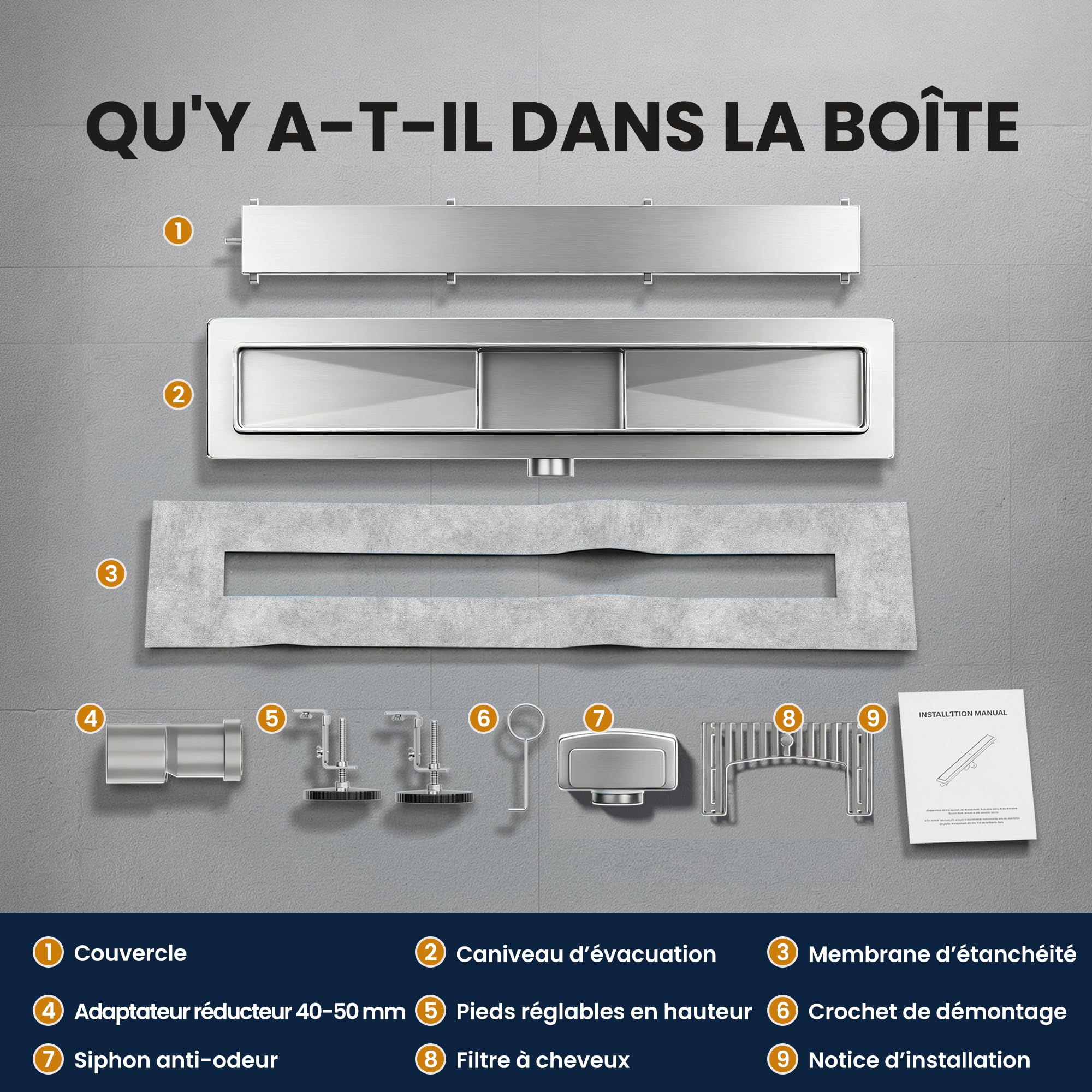 Caniveau Douche Italienne 50 cm | Carrelable avec Siphon Anti-Odeurs, Filtre à Cheveux et Design Sans Seuil pour Douche Italienne, Acier Inoxydable AISI 304