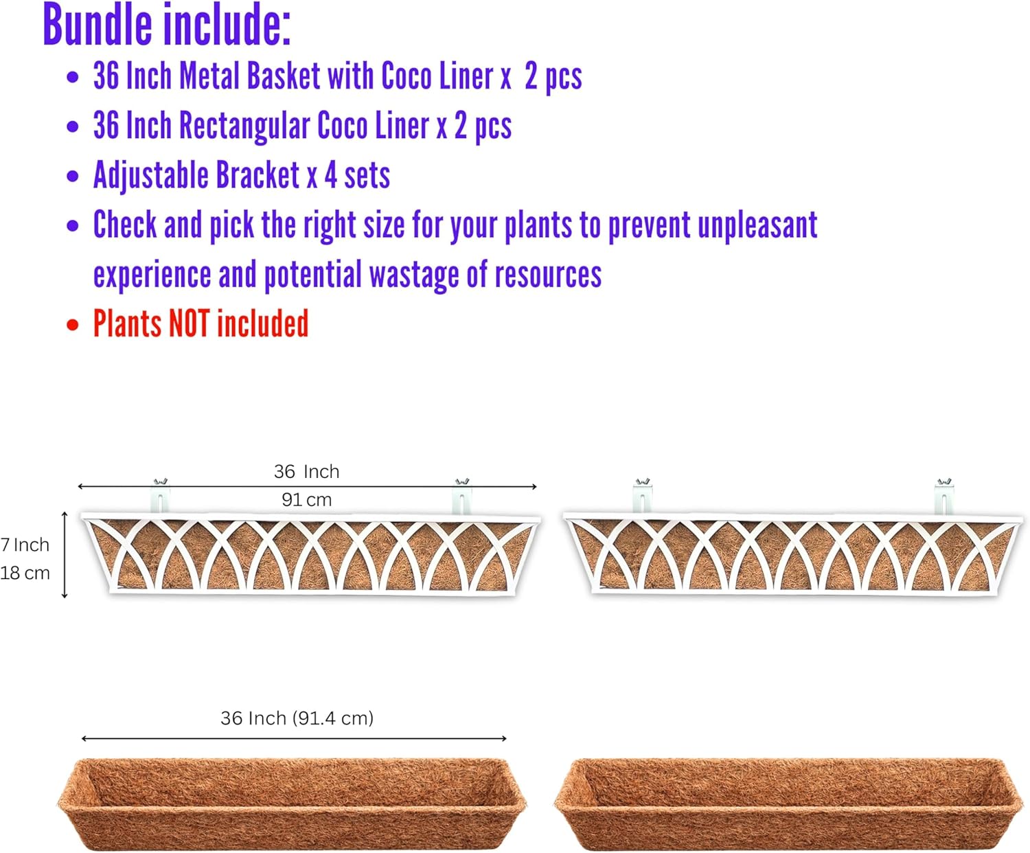 LaLaGreen Bundle- 2 Pack, 36 Inch White Metal Basket with Coco Liner + 2 Pack, 36 Inch Coconut Coir Insert Rectangular Hanging Plant Flower Boxes with Bracket Balcony Deck Railings Modern Garden Decor