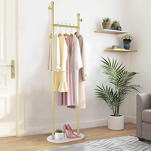 Miniatura 3 de uyoyous Percheros dorados con base de madera, estantes de ropa dorados con estante para boutique, dormitorio, entrada, pasillo