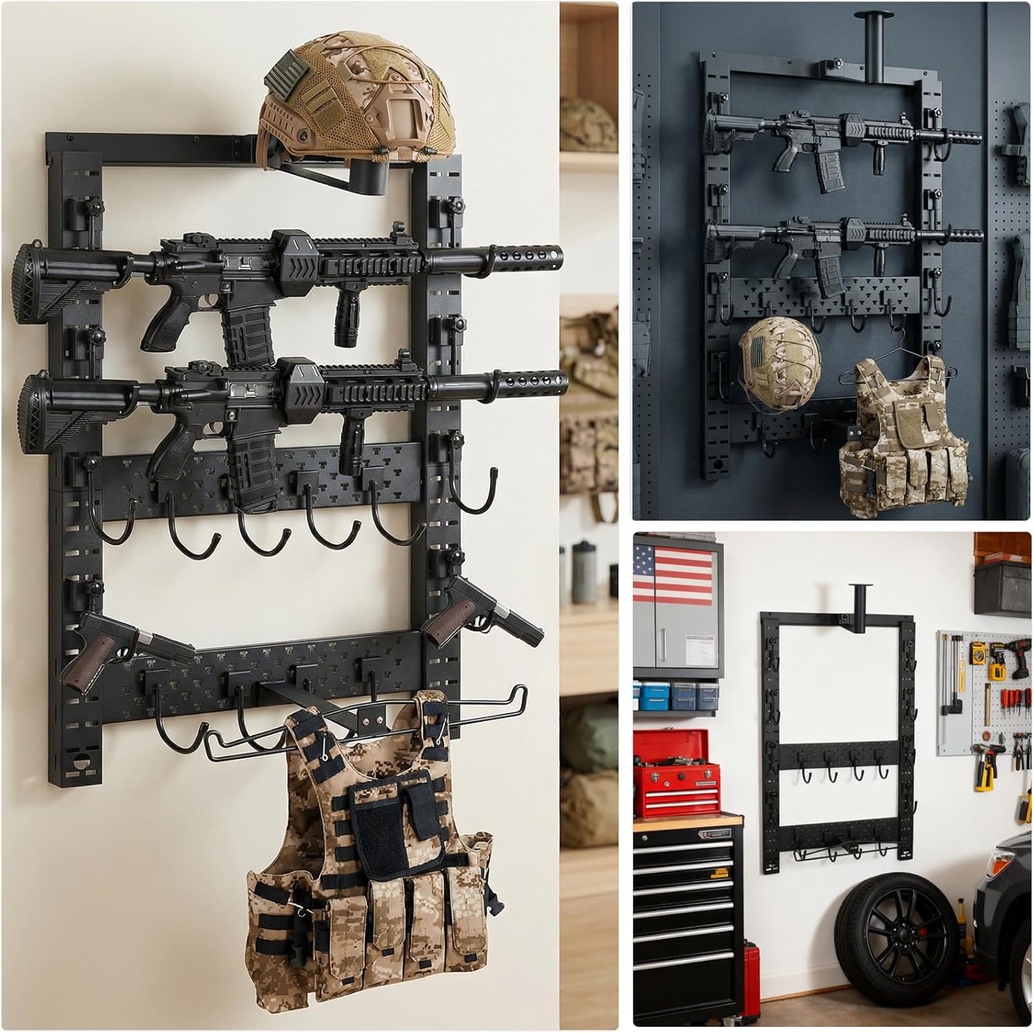 SUNPIE Horizontal Gun Rack Mount 25’’W by 35’’H Keep 80lb Indoor Tools Tactical Guns Racks Set with Helmet Hook and Upgrade Tactical Hanger, Heavy Duty Steel