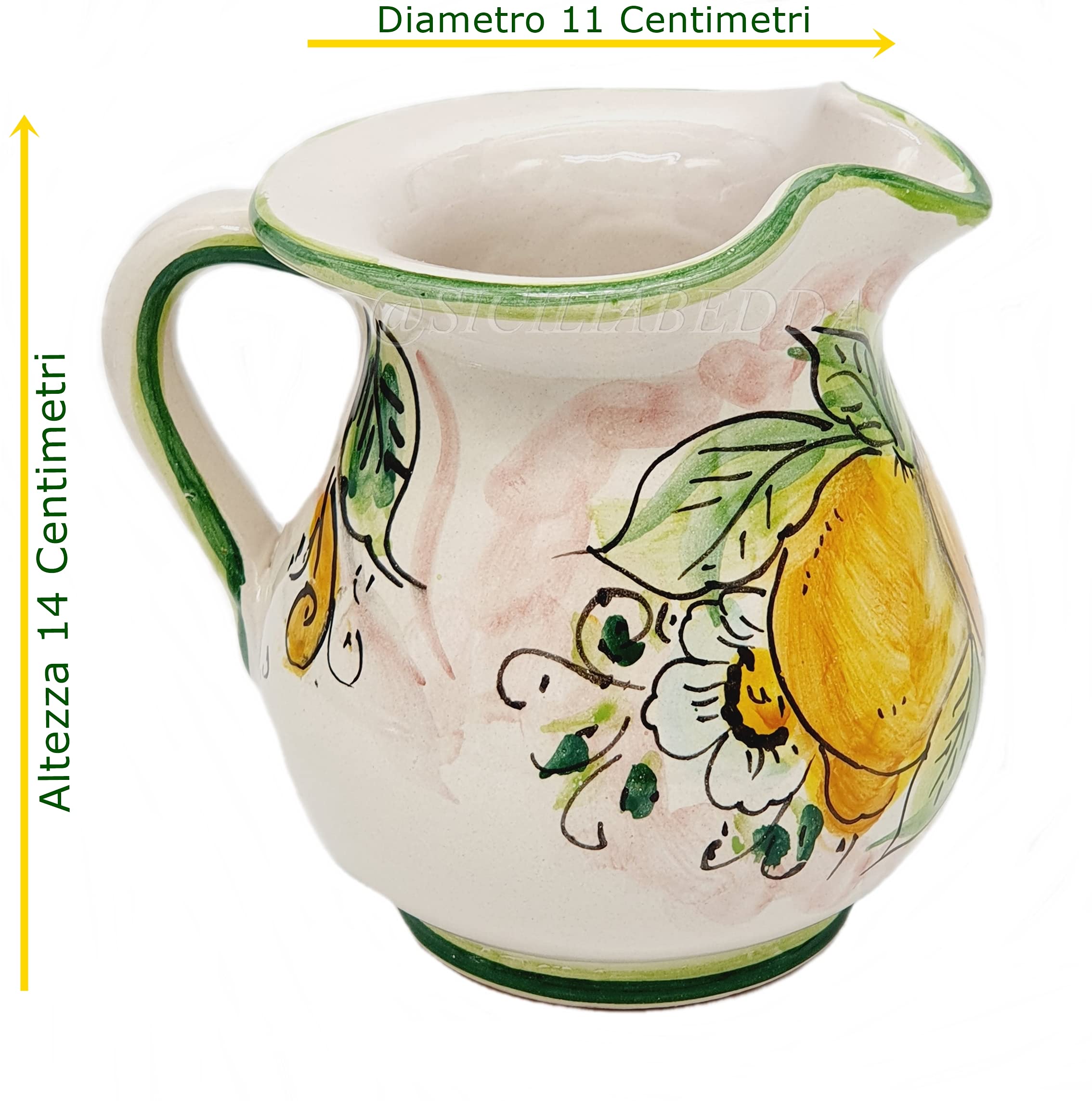 Sicilia Bedda - Brocca Siciliana in Ceramica di Caltagirone - Elegante complemento d'arredo realizzato interamente a Mano (Mezzolitro, Limoni)