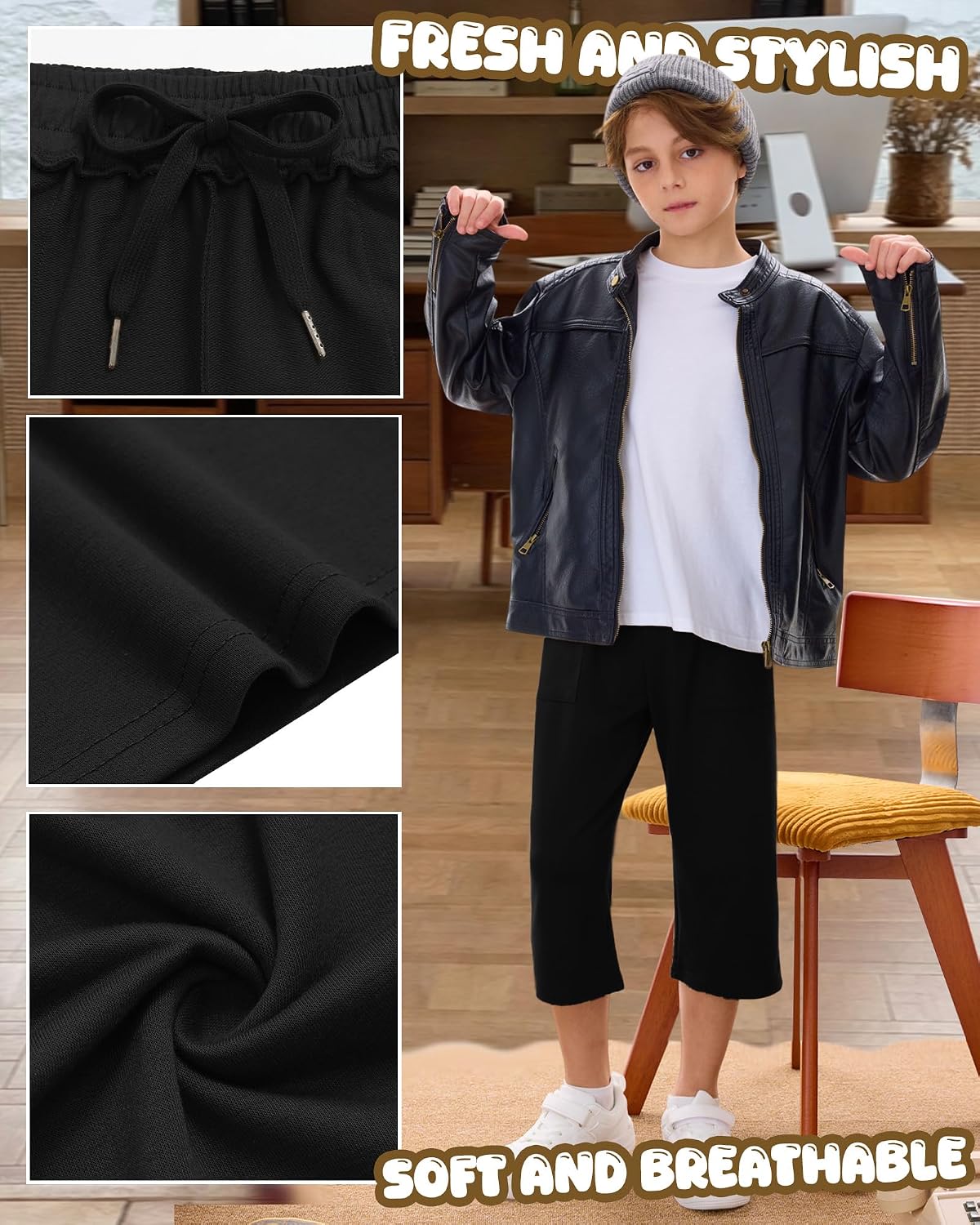 Boy's Capri Pants Wide Leg Athletic Casual Capri Comfy Elastic Waist Loose 3/4 Sweatpants with Pockets Drawstring