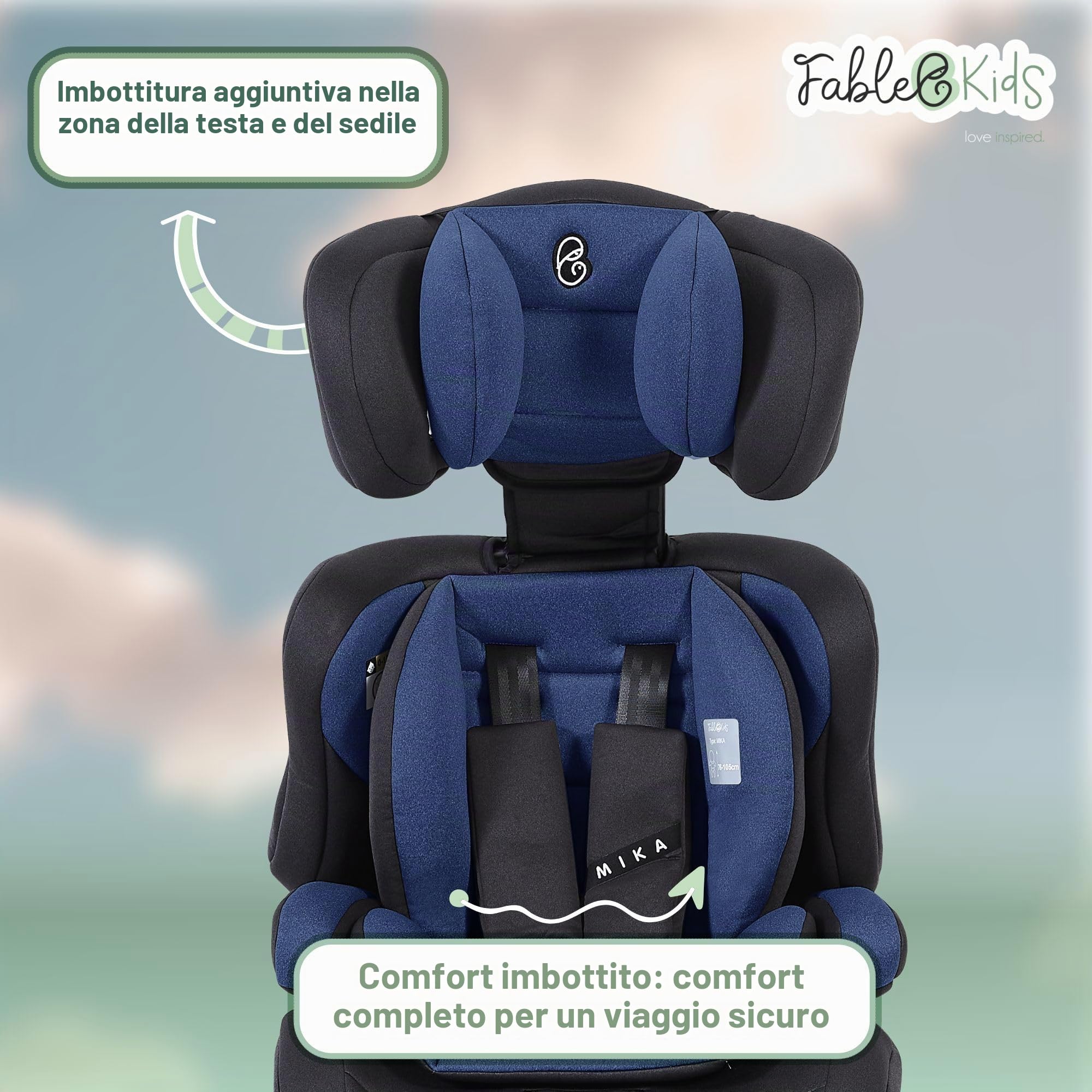 FableKids Seggiolino Auto 76–150 cm | Dai 15 Mesi | Cintura a 3 Punti | Poggiatesta Regolabile | Omologazione ECE R129/03 | Seggiolino Auto Regolabile 44,5×41×68–75 cm | Blu
