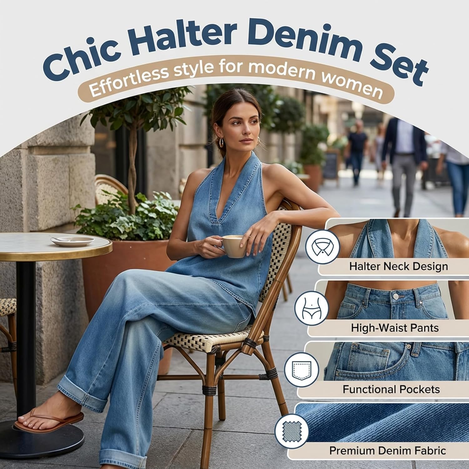 Cozy Minimalist Two-Piece Denim Set - Women's Fashion Halter Denim Sets Solid Color Tank Top Wide Leg Pants Two Piece