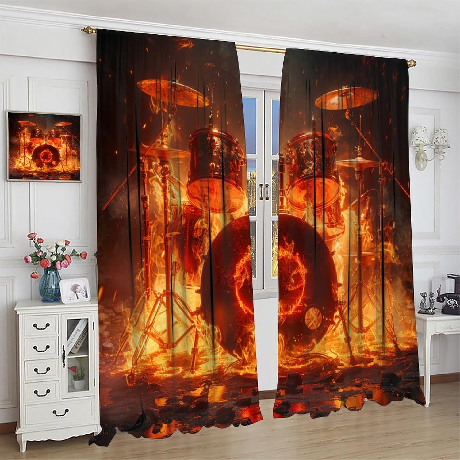 Abstract Drum Kit Blackout Curtains for Bedroom/Living Room, Rock Music Fire Fantasy Thermal Insulated Curtains Rod Pocket Window Drapes, 2 Panels/Each 21" W x 45" L