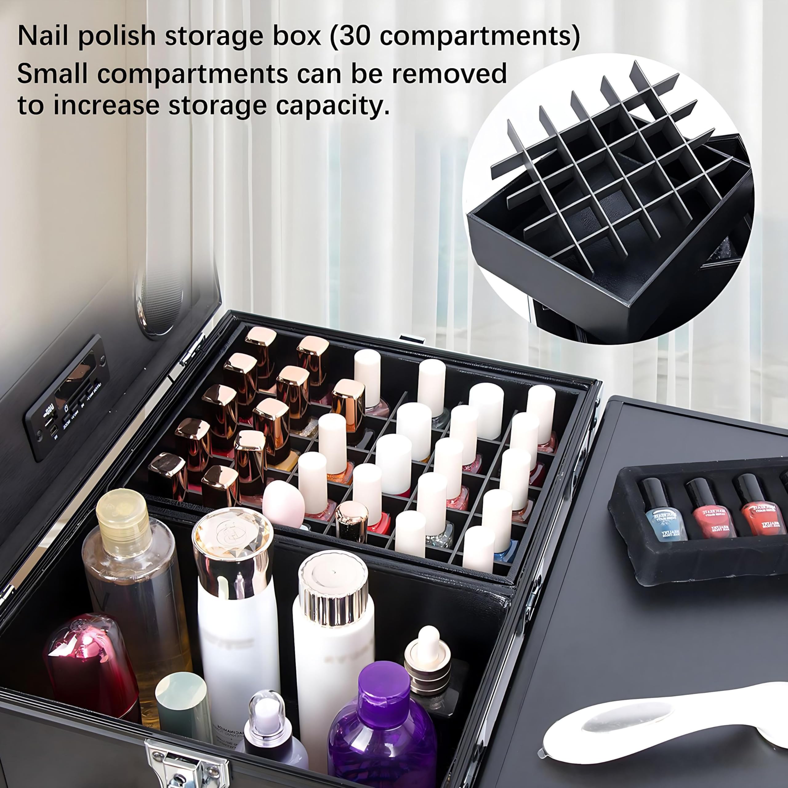 Przenośny Stolik do Manicure i Walizka Kosmetyczna, Składany Stół do Manicure na Kółkach z 4 Szufladami dla Stylistki Paznokci i Wizażystki Black