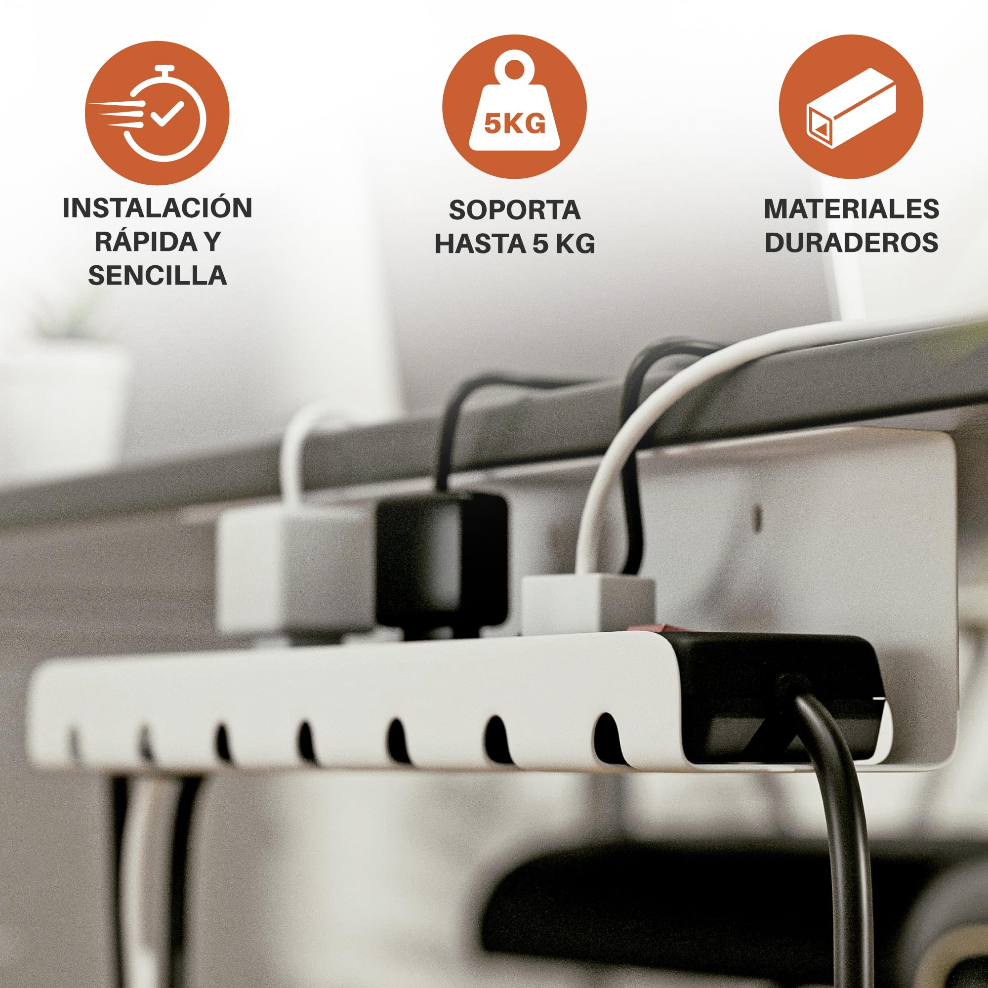 Organizador de Cables de Escritorio (Set de 2) de Acero Blanco - Montaje Sencillo - Bandeja Cables Escritorio Robusta y Práctica