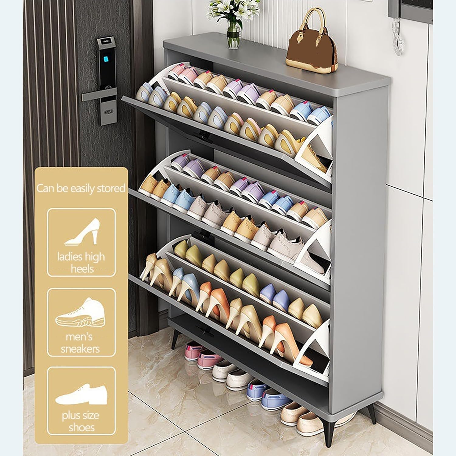 Shoe Rack for Entryway Organizer, Flip Hidden Shoe Cabinet for Entryway Slim Narrow Shoe Storage Cabinet,18-24 Pair Free Standing Tipping Bucket Shoe Rack Organizer with Drawers (Color : Green, Size