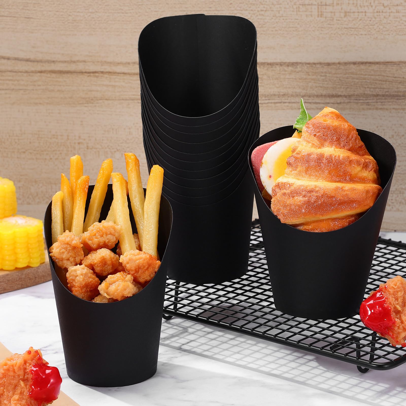 NUOBESTY 100 Pcs Tasses en Papier Noires 14oz à Ouverture Inclinée pour Frites et Snacks, Usage Facile et Pratique, pour Restaurants et Événements
