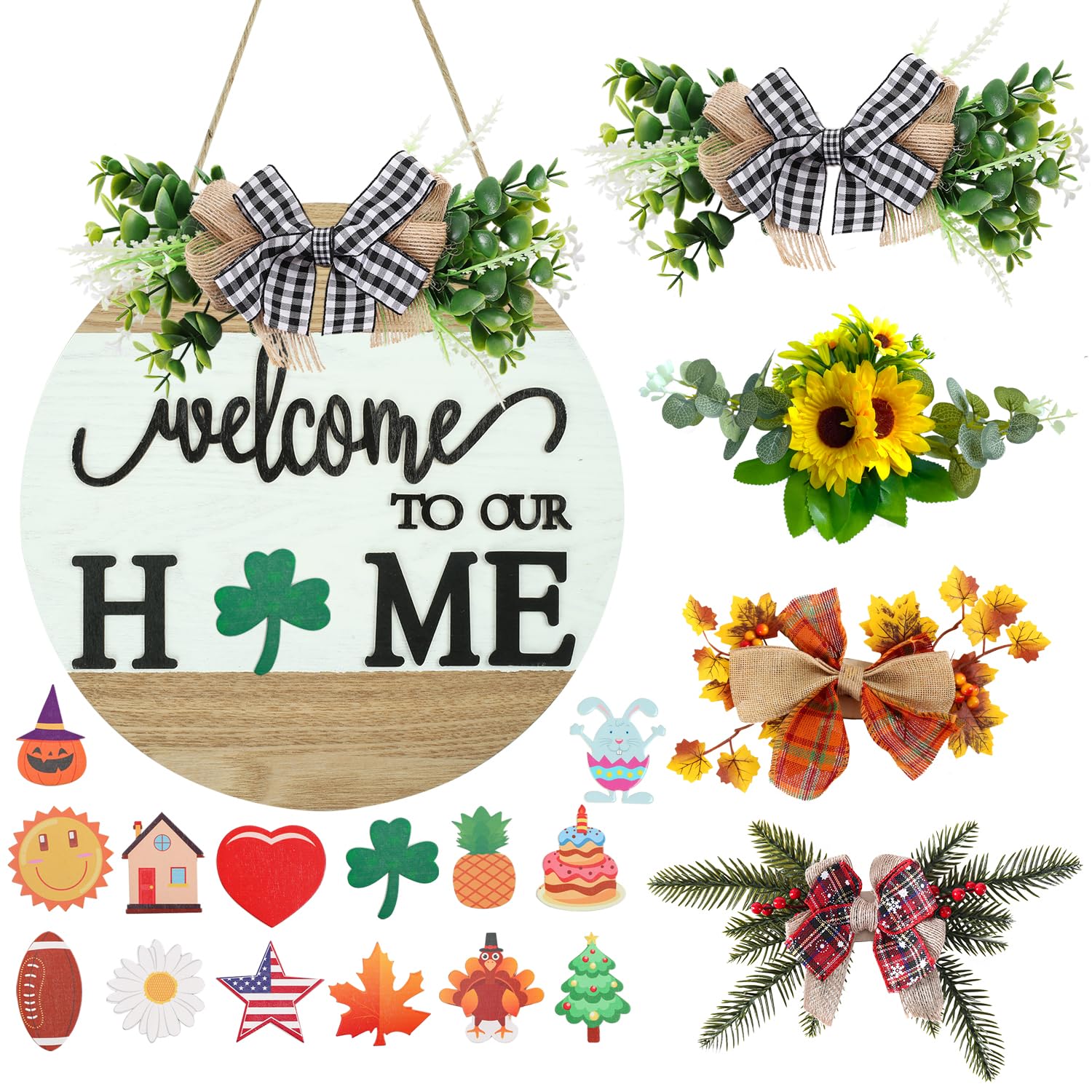Interchangeable Welcome Sign for Front Door with 4 Seasonal Wreaths and 14 Changeable Icons, Farmhouse Front Porch Décor, Front Door Decoration,