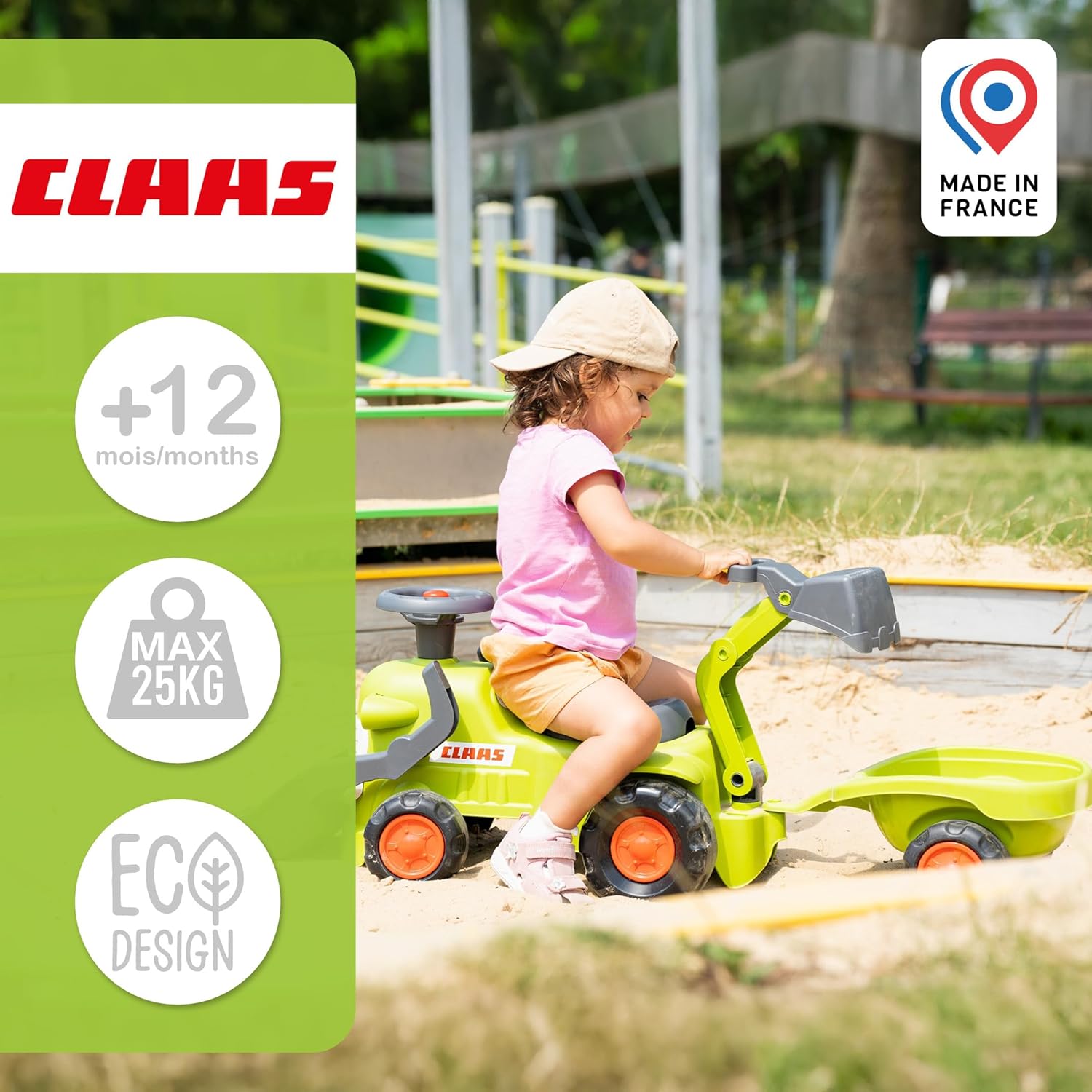 A child playing with the Falk Claas Backhoe Loader in a sandbox. The image displays icons for '+12 months', 'Max 25kg', 'Eco Design', and 'Made in France'.