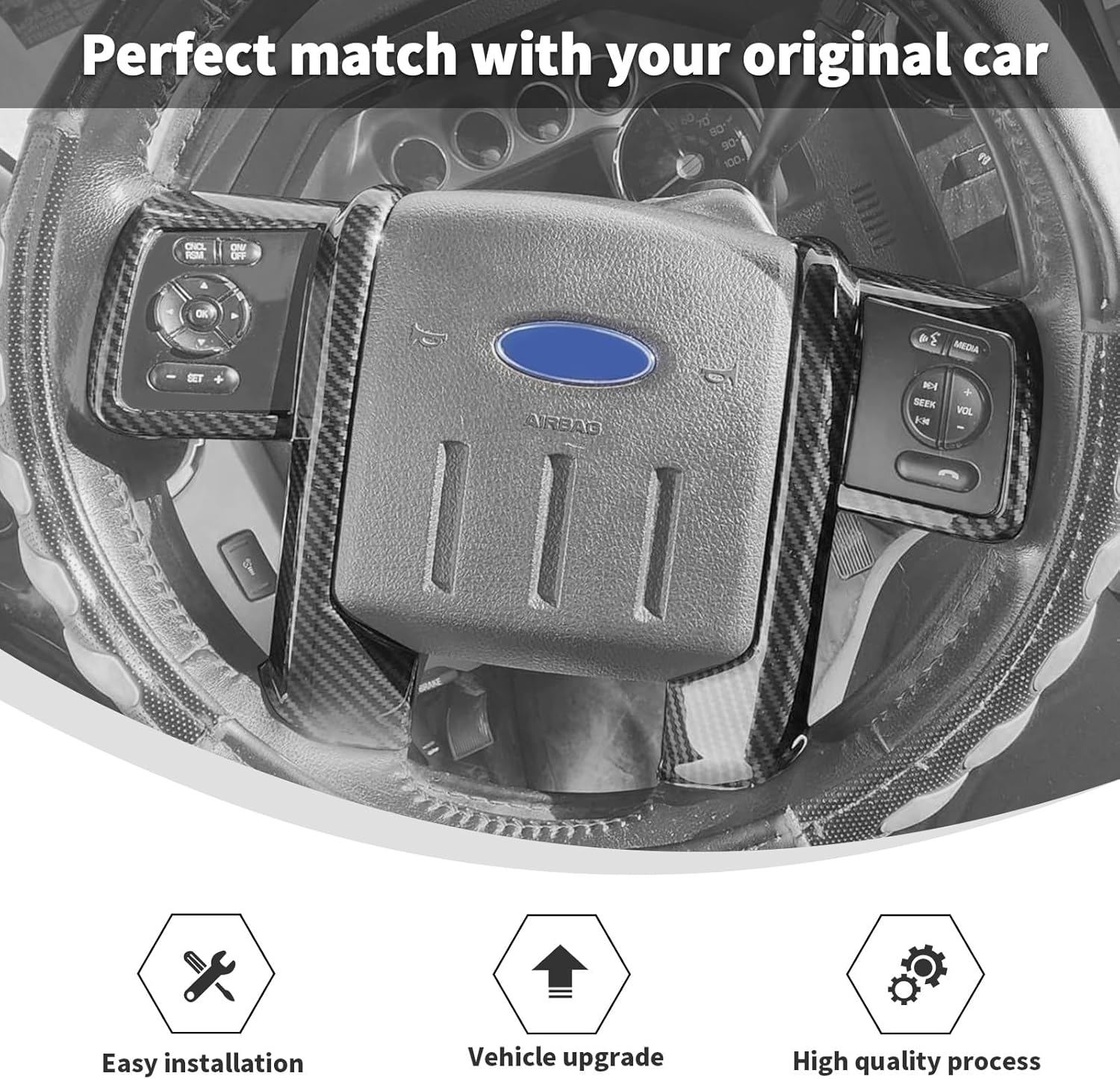 Linskip Steering Wheel Trim Compatible with 2008-2016 Ford F250/F350/F450/F550 & 2007-2012 Ford Expedition, Steering Wheel Cover, Interior Accessorie Carbon Fiber Black