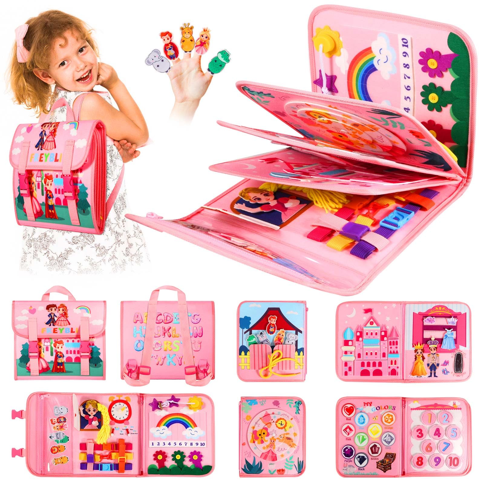 FREYBLI Busy Board Montessori 5 Strati – Giocattolo Sensoriale 26 In 1 Per Bambini 1-4 Anni, Activity Board In Feltro Per Imparare ABC E Abilità Quotidiane, Regalo Educativo