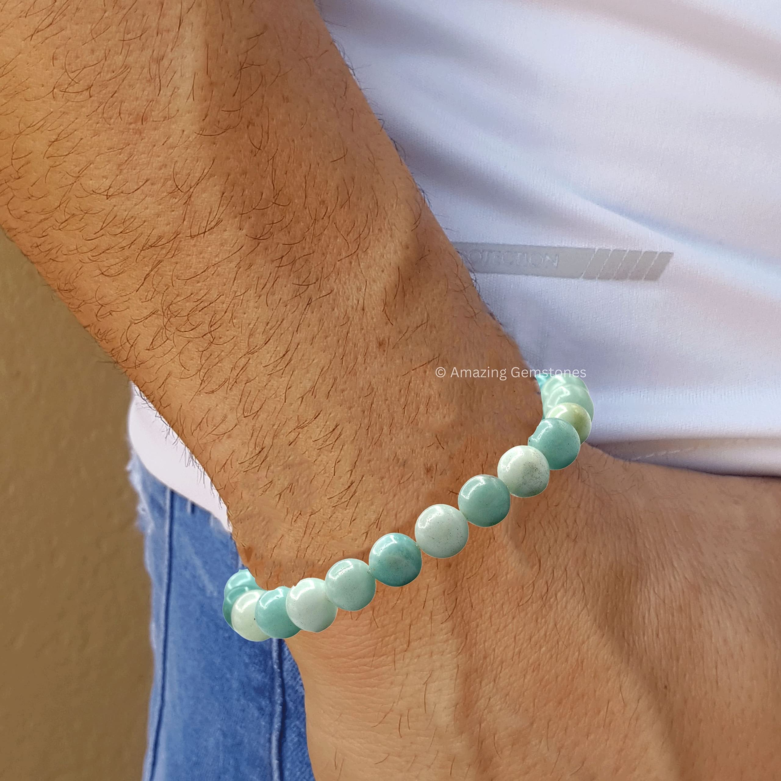 Bracelet en Amazonite – Bracelet en cristal de guérison pour femmes et hommes, pierre précieuse naturelle – Cadeau idéal pour l'équilibre et la guérison des chakras (réglable)