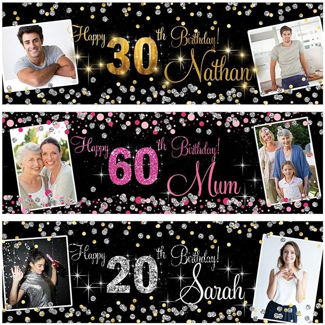 2 Personalised Birthday Banner Photo Silver Gold Pink Party Wedding Poster Decoration 18th 21st 30th 40th 50th 60th 70th