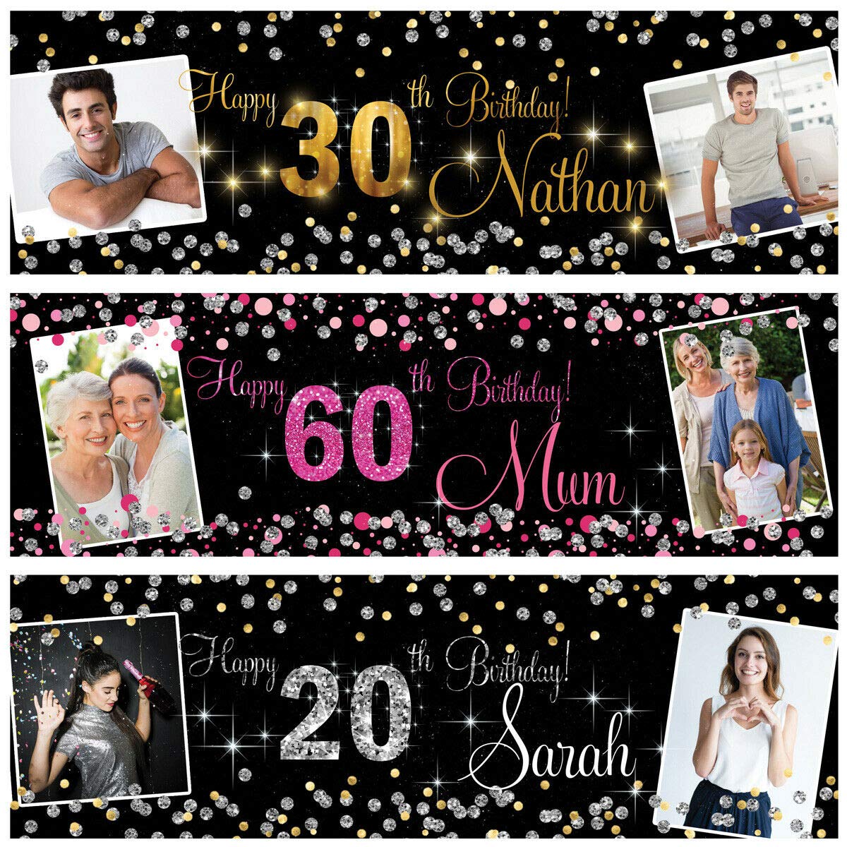 personalised outdoor birthday banner Photo Silver Gold Pink party wedding poster decoration 18th 21st 30th 40th 50th 60th 70th