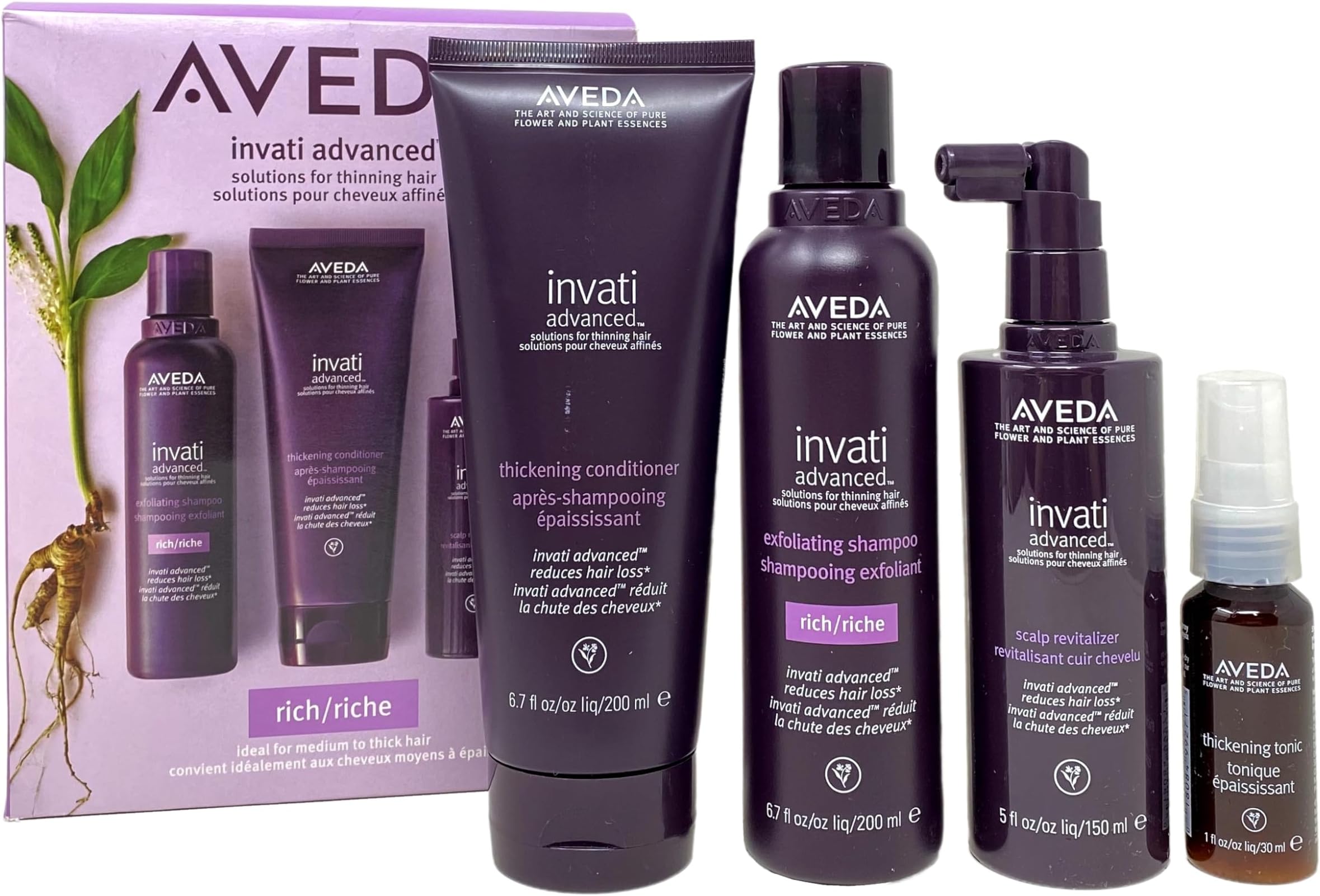 AvedaInvati Advanced Solutions For Thinning Hair 4 Piece Set - Shampoo - Conditioner - Scalp Revitalizer and Thickening Tonic