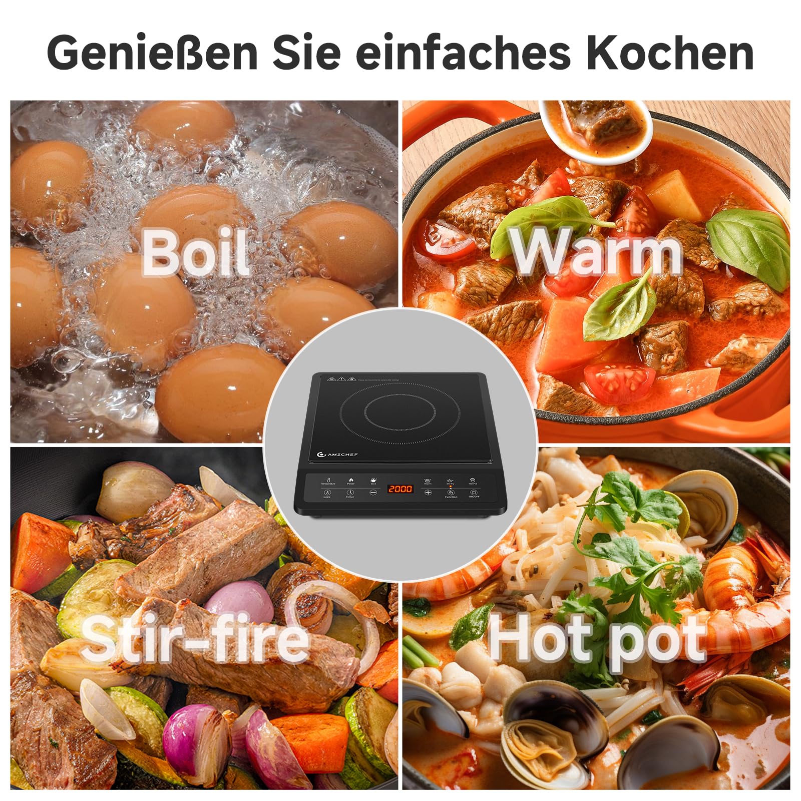 AMZCHEF Induktionskochfeld 1 Platte, Tragbares Induktionskochplatte, 20 Temperatureinstellungen und Leistungsstufen, Schlankes Design mit Schwarzer Keramikplatte, Sensorsteuerung, 3H Timer.