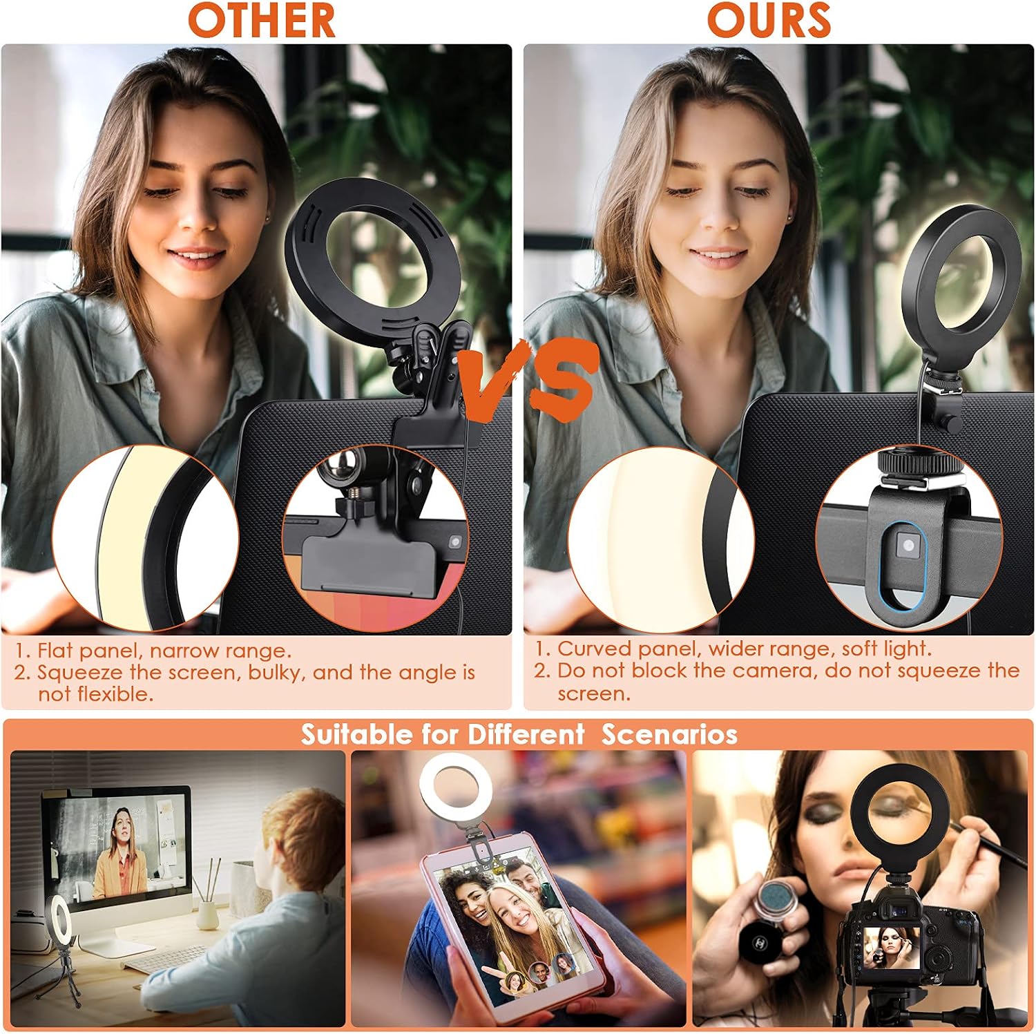 4" Ring Light Clip On, Video Conference Lighting, Laptop Light for Computer, Webcam Lighting, Zoom, Selfie, Remote Working, Distance Learning, YouTube, TikTok