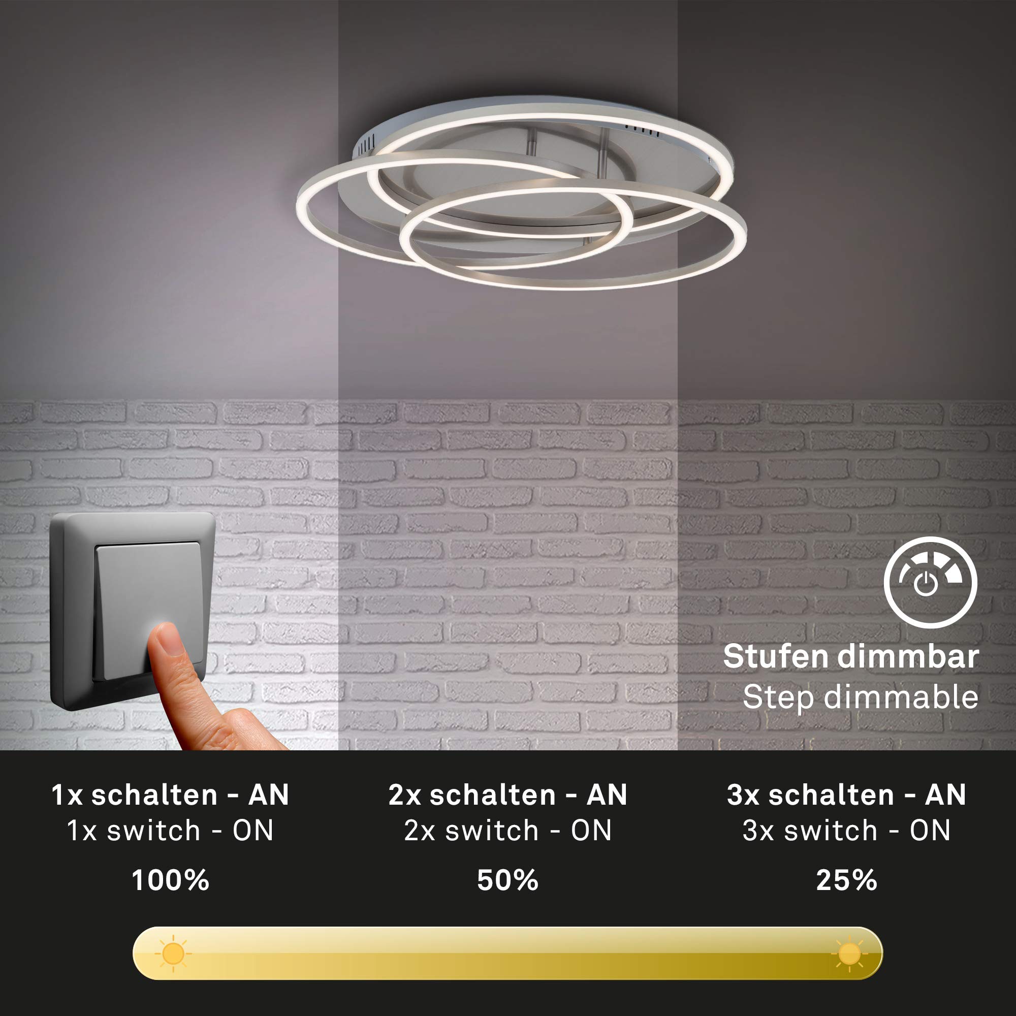 BRILONER Leuchten - LED Deckenleuchte, Deckenlampe dimmbar, inkl. Memoryfunktion, 60 Watt, 4.800 Lumen, 3.000 Kelvin, Matt-Nickel, 546x100mmm (DxH), 3248-012