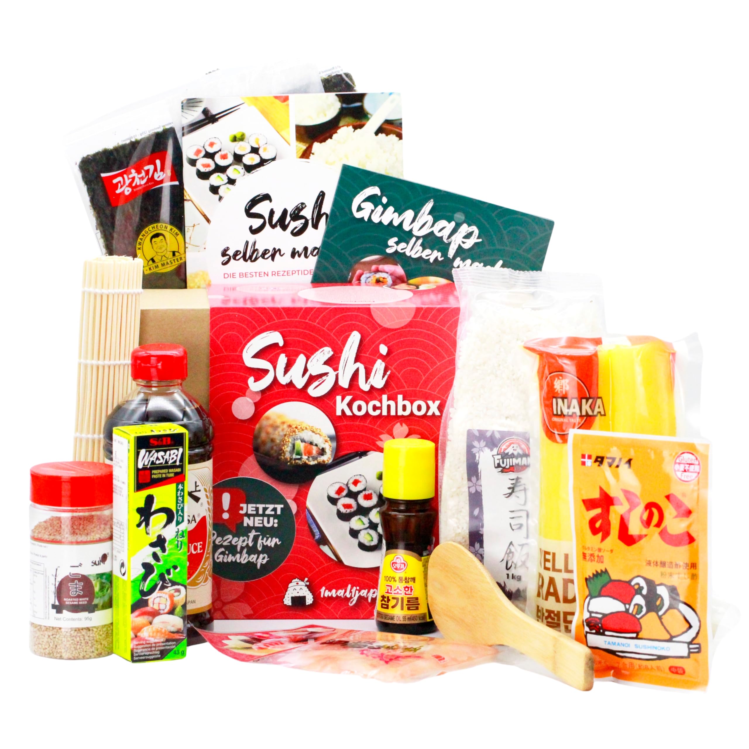 Sushi Box + Gimbap – für 6 Portionen, 11-teilige Kochbox inkl. Rezepte für Maki, Nigiri, Inside-Out & Kimbap – mit Reis, Nori, Sojasauce, Wasabi & Bambusmatte, vegan, Japan Geschenkidee