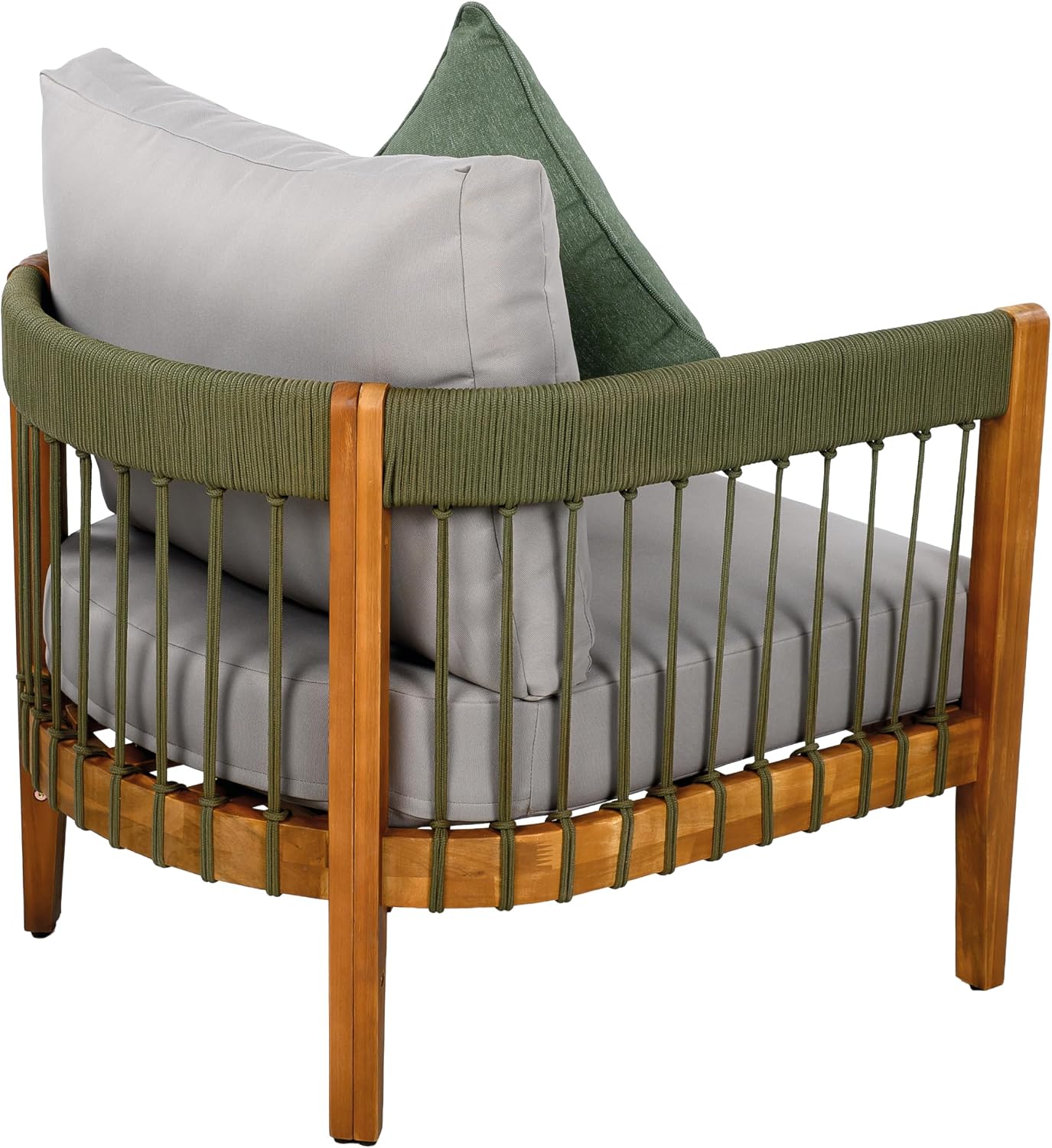 Merax Outdoor Club Chairs Set of 2, All-Weather Acacia Wood Patio Armchair with Handwoven Rope Accents & Curved Backrest and Removable Cushions for Porch, Garden, Backyard, Balcony, Green+Grey
